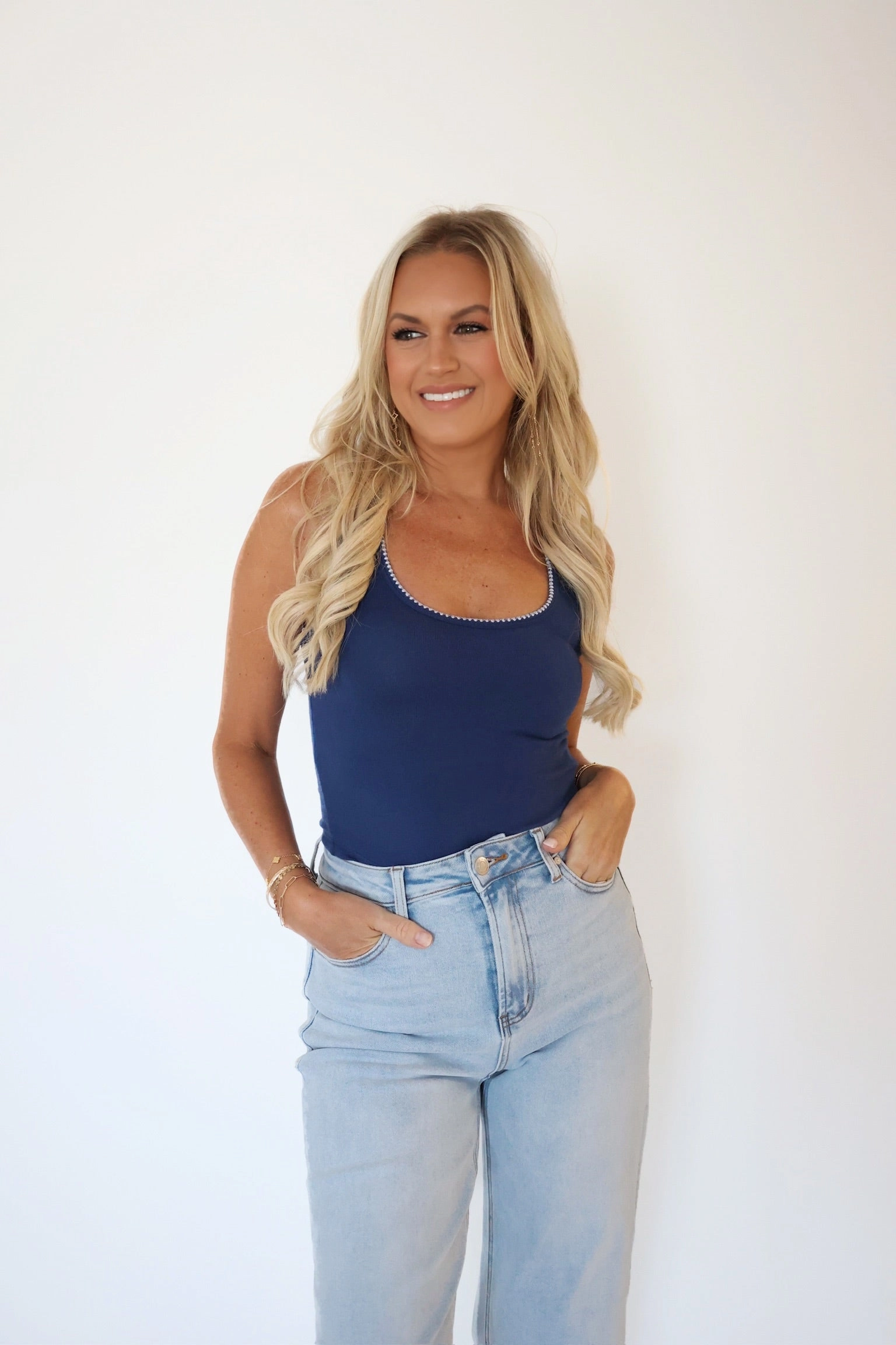 Casa Whipstitch Tank- Yacht Blue AdjustableCuffs Airflow Mesh Insert