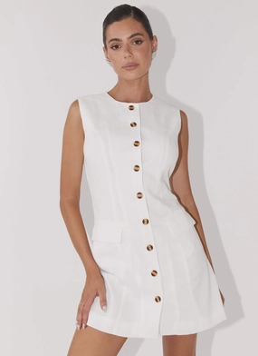 Castello Fiore Linen Mini Dress - White Hidden Pocket Minimalist Layering