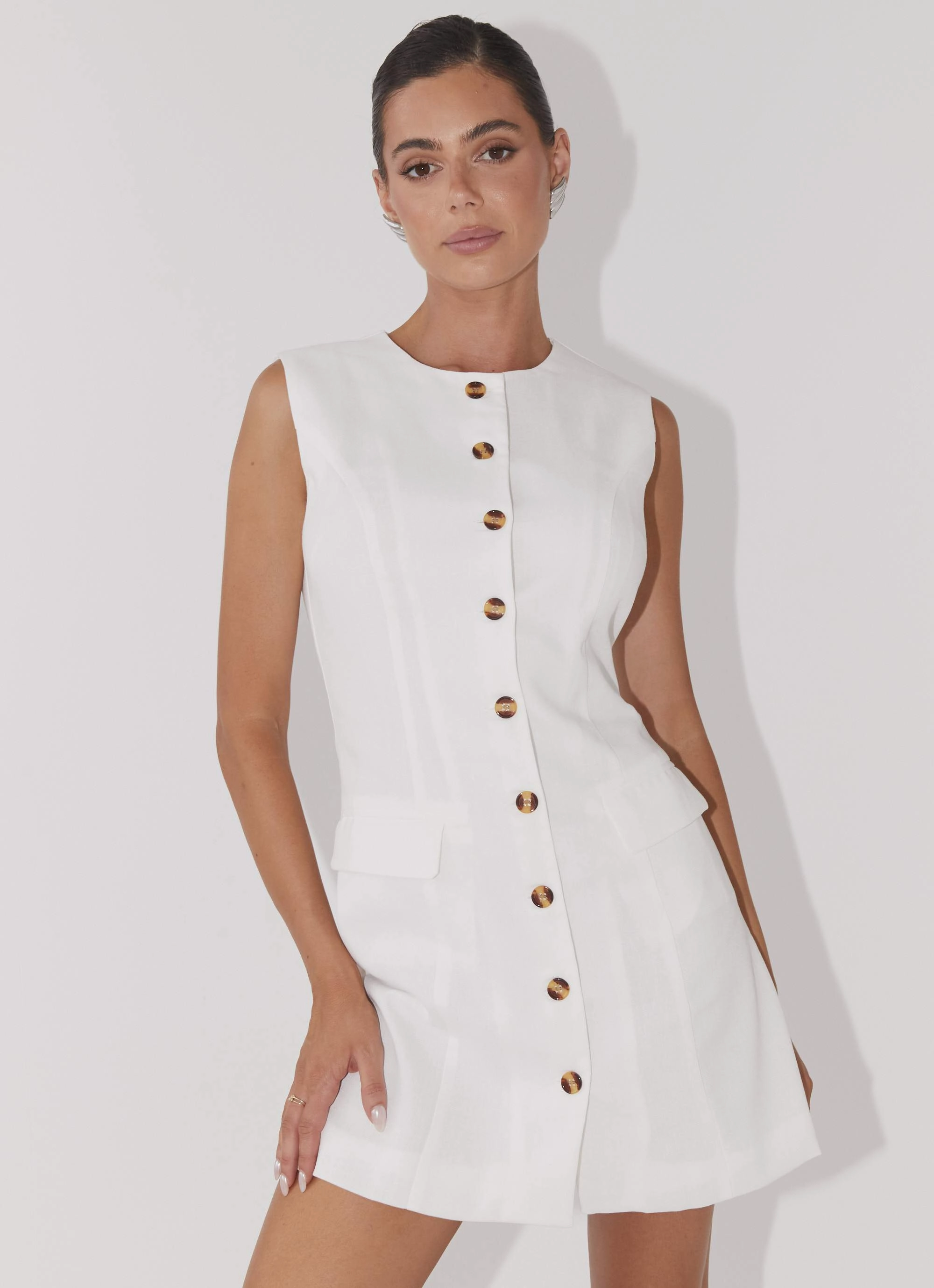 Castello Fiore Linen Mini Dress - White Hidden Pocket Minimalist Layering