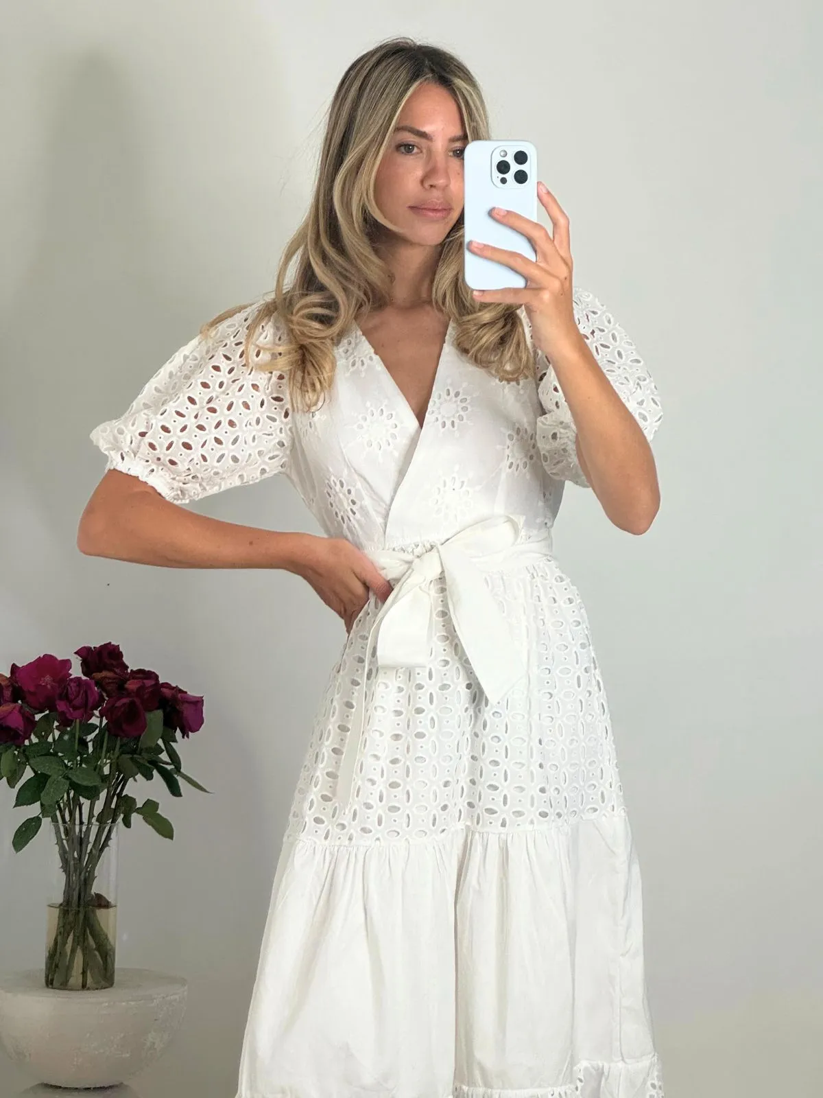Soft Stitch Claudia Puff Sleeve Broderie Midaxi Dress in White
