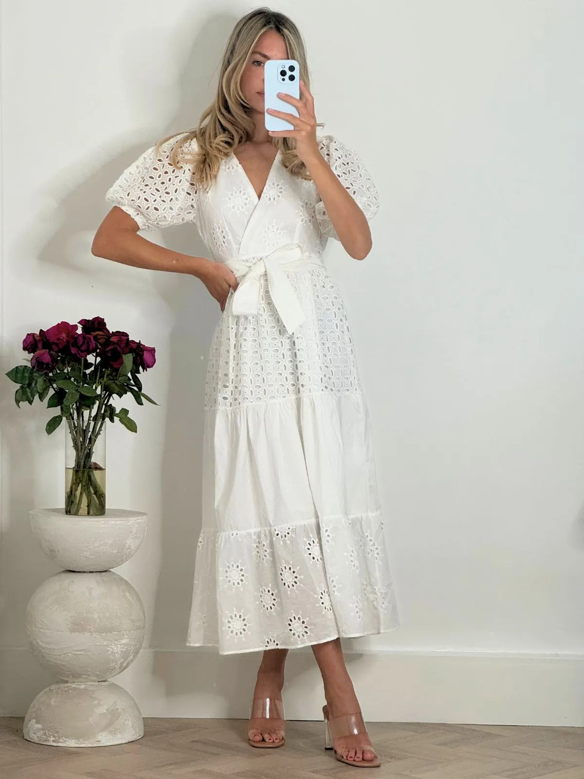 Claudia Puff Sleeve Broderie Midaxi Dress in White Flow Line Simple formal dress