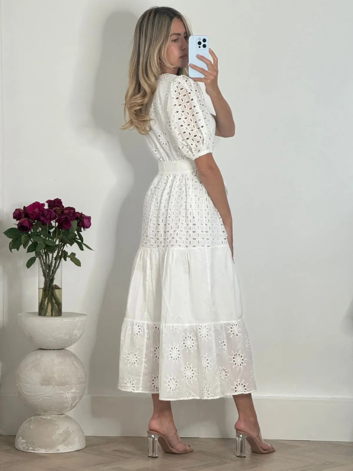 Claudia Puff Sleeve Broderie Midaxi Dress in White Organic-Fabric Feminine Energy