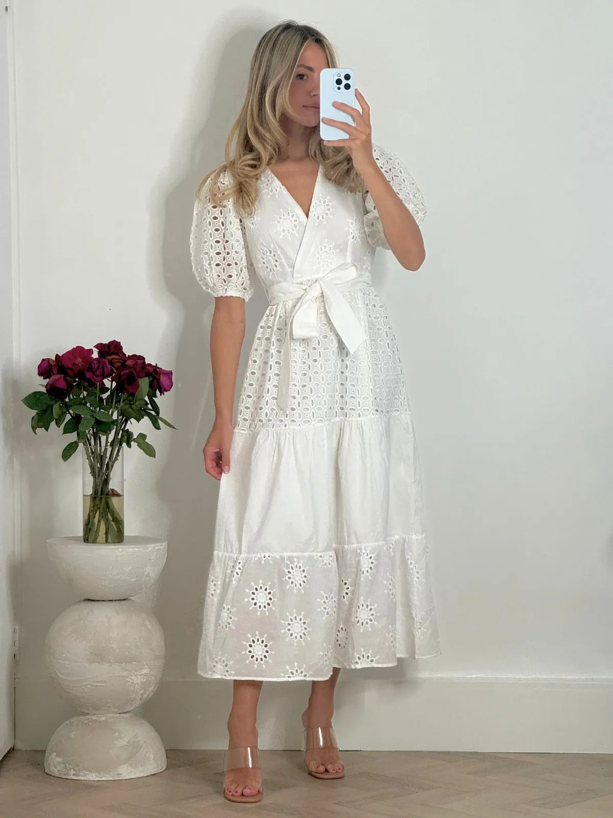 Earthy Hue Claudia Puff Sleeve Broderie Midaxi Dress in White