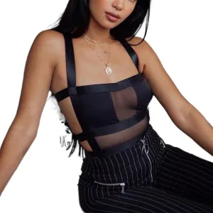 Casual Sexy Women's Hollow Out Mesh Bodysuit Black