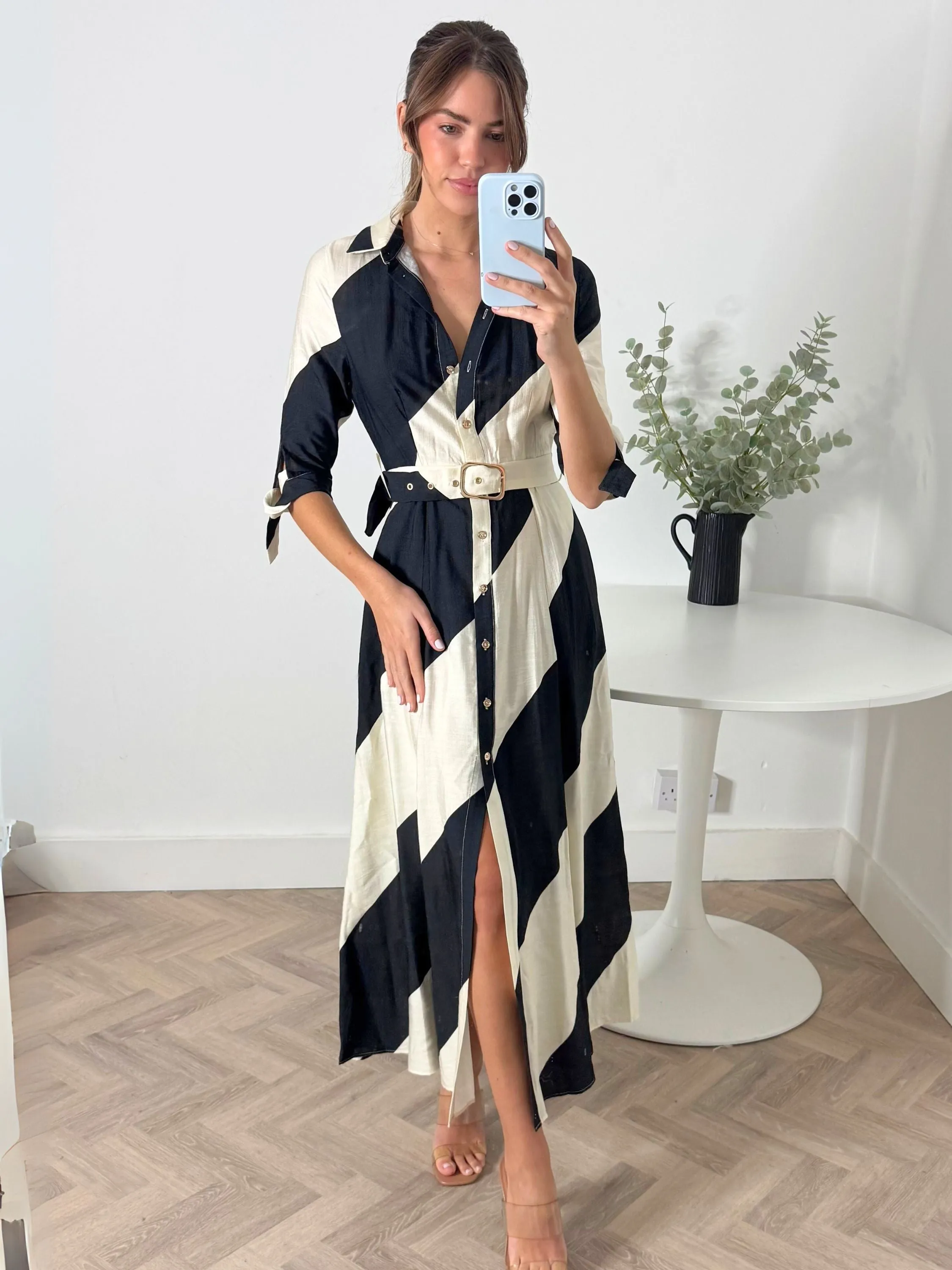Daphne Belted Shirt Dress / Mono Stripe Sophisticated cocktail dress Soft Design