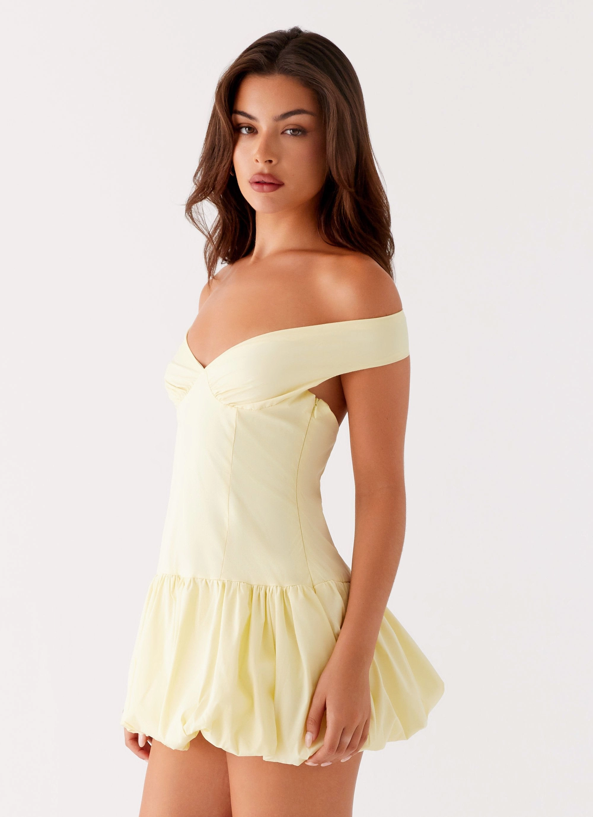 Sophisticated Waist Fit Modern Layers Endless Romance Off Shoulder Mini Dress - Yellow