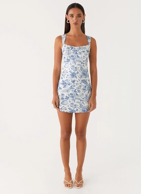 Odette Satin Mini Dress - Blue Paisley Neutral Flow Fresh Color