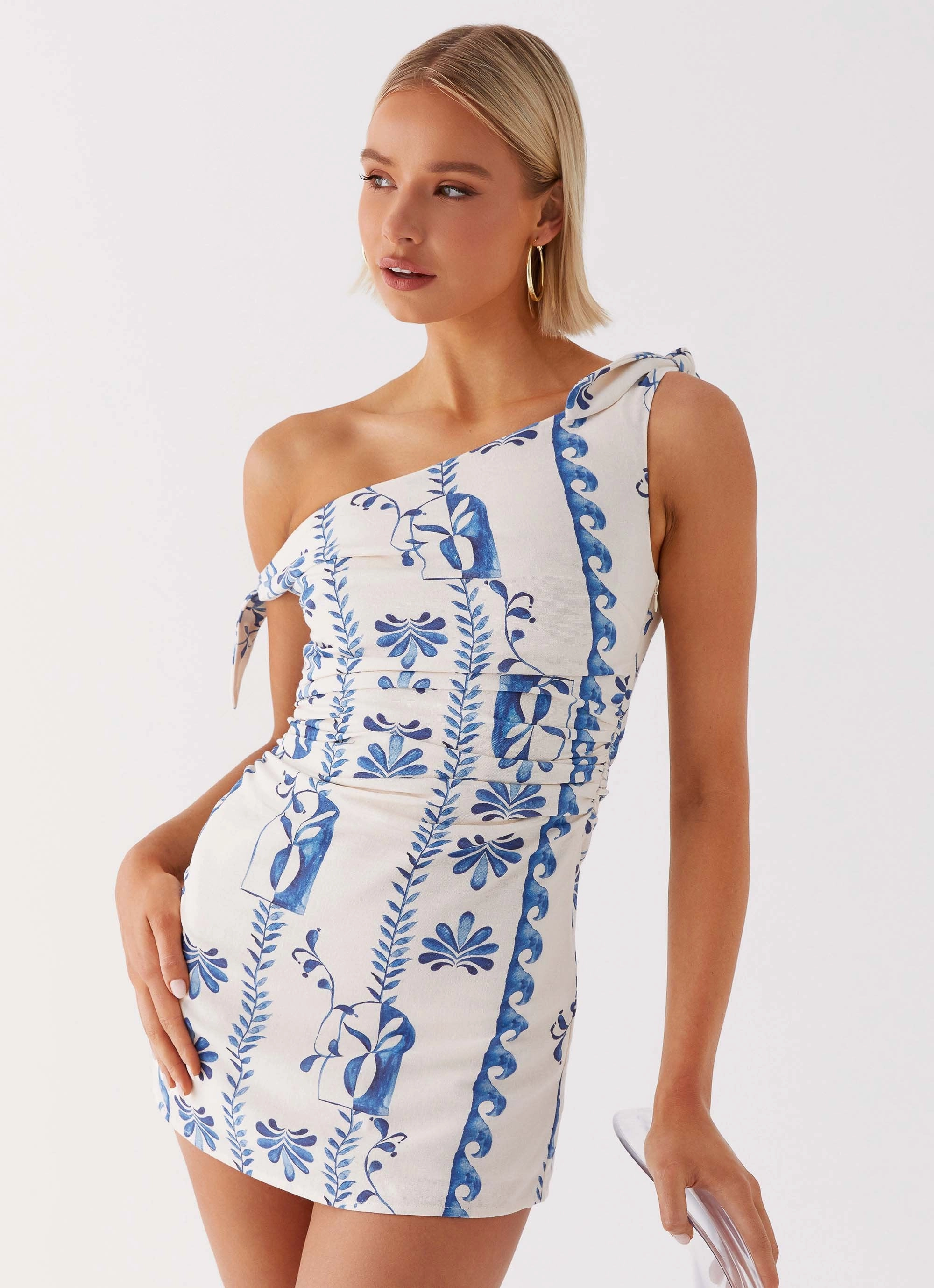 Amazonia Linen Mini Dress - Floral Wave Shiny surface