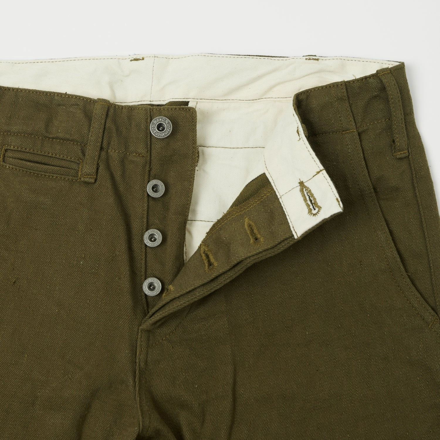 Loose cut ONI Denim 727DK 12oz Dark Olive Sulfur Slim Straight Chino - Rinsed