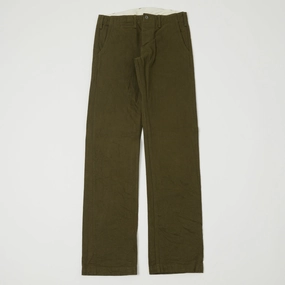 Trail Ready Non Irritating Tags ONI Denim 727DK 12oz Dark Olive Sulfur Slim Straight Chino - Rinsed