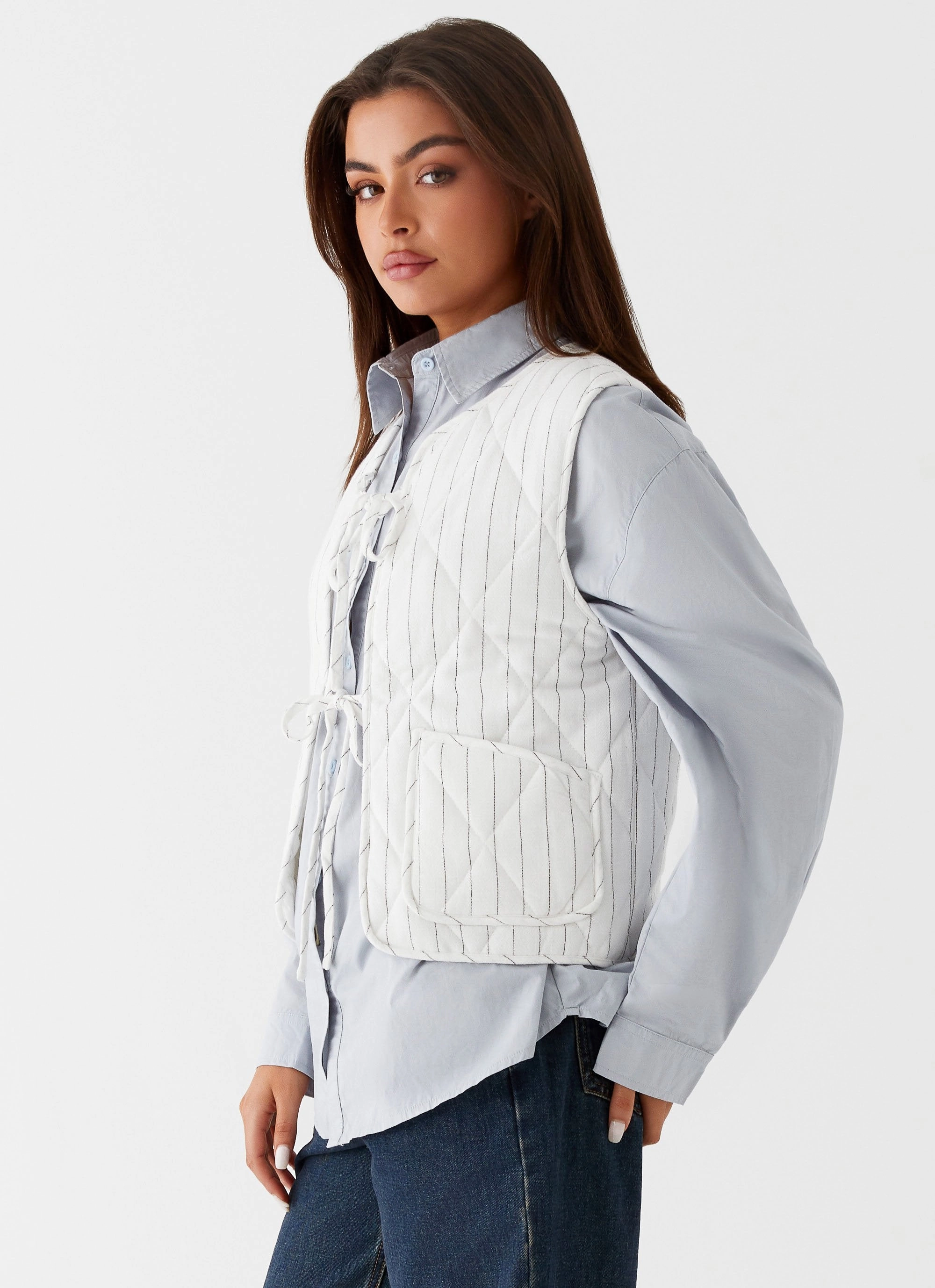 Celini Quilted Vest - White Pinstripe Elasticized Waistband