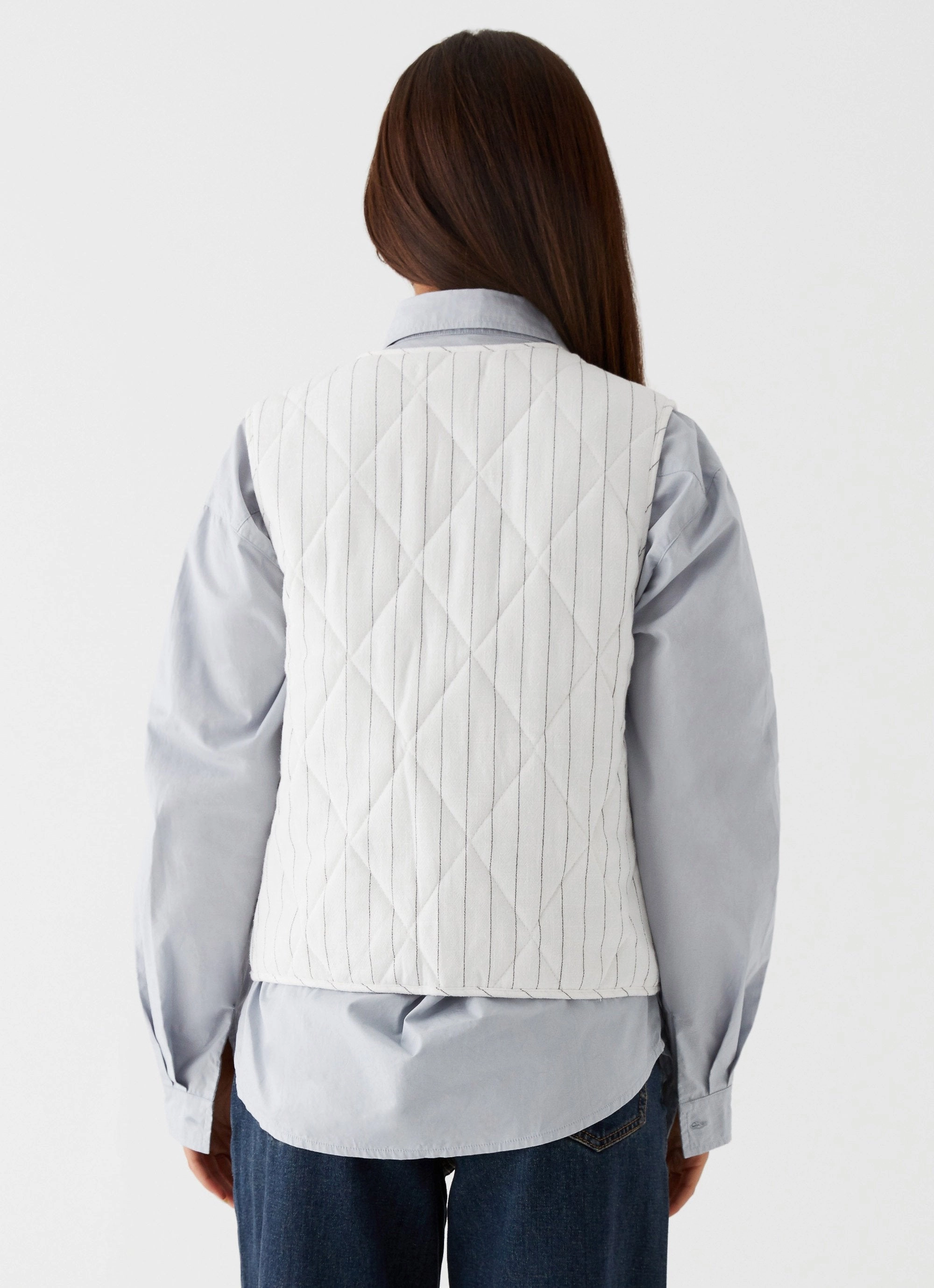 Celini Quilted Vest - White Pinstripe VNeckline