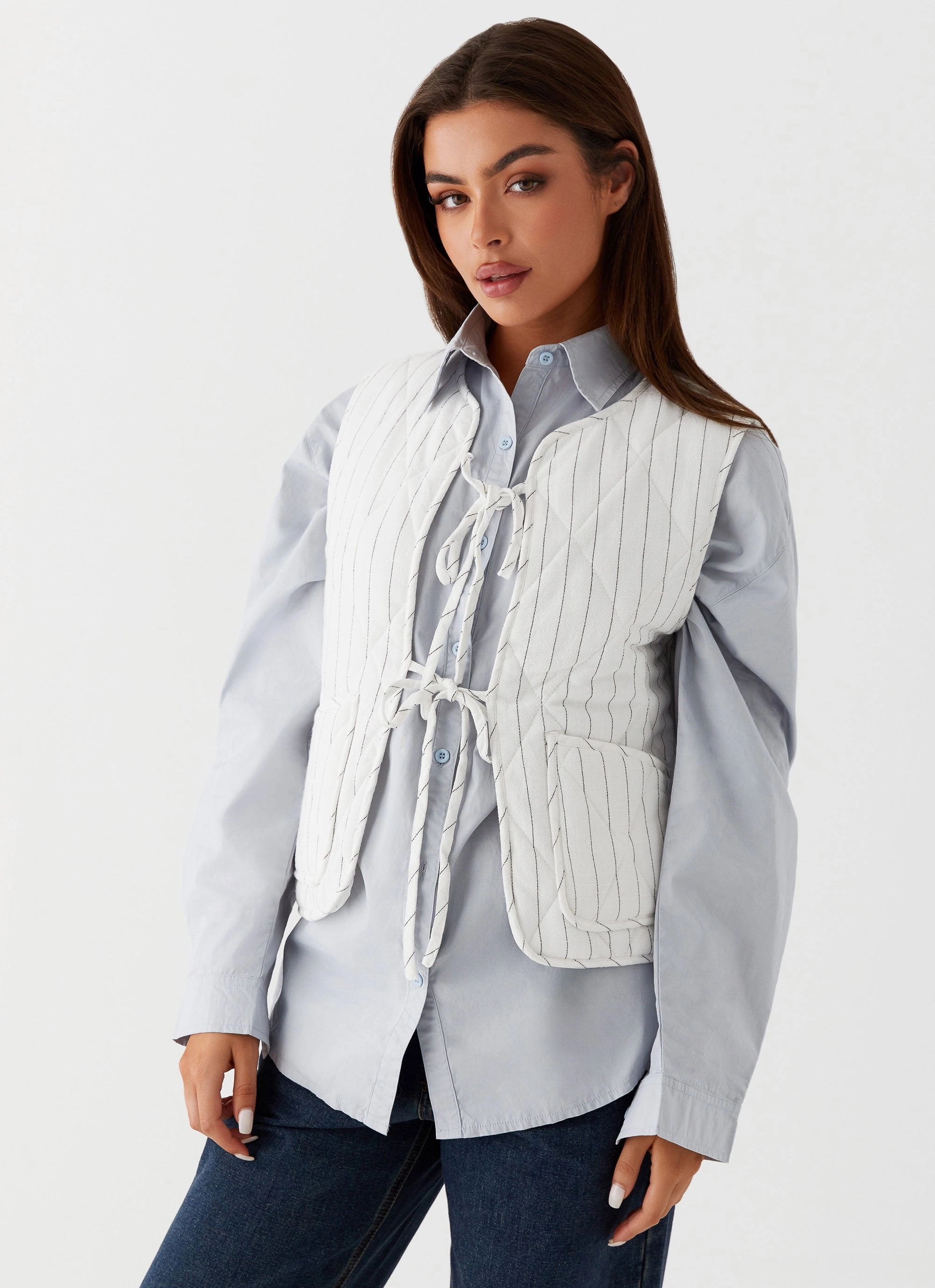 Celini Quilted Vest - White Pinstripe Lightweight Design