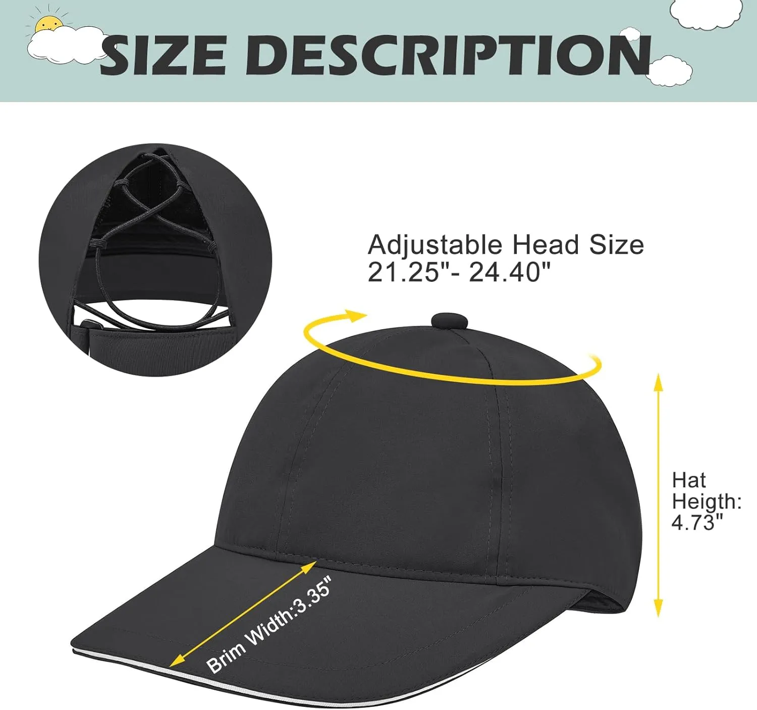 Century Star Waterproof Baseball Cap Ponytail Hat for Women Mens Running Golf Outdoor UV Protection Caps Unisex Sun Hats