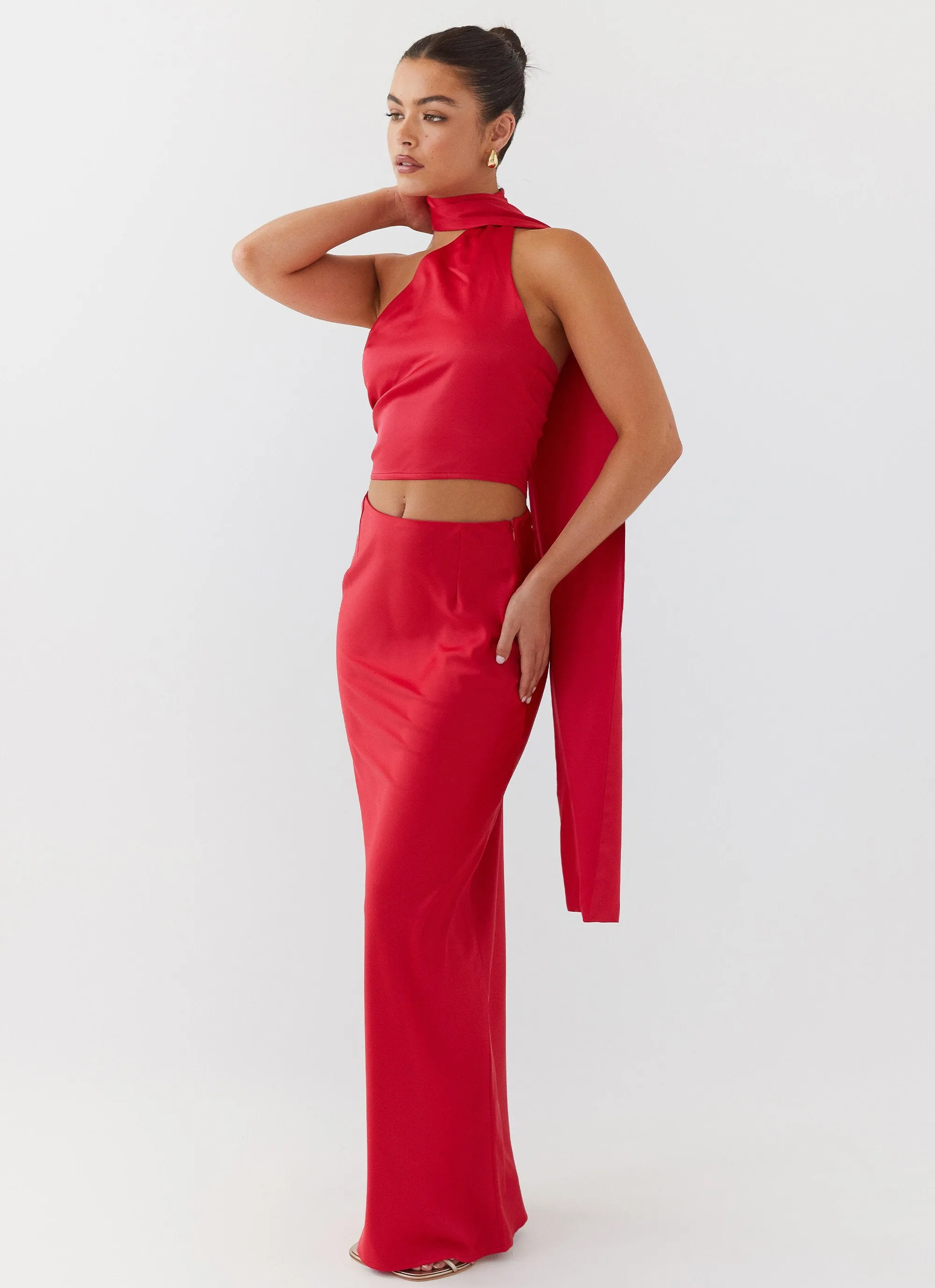 Josefina Satin Maxi Skirt - Rouge Red Smooth Texture