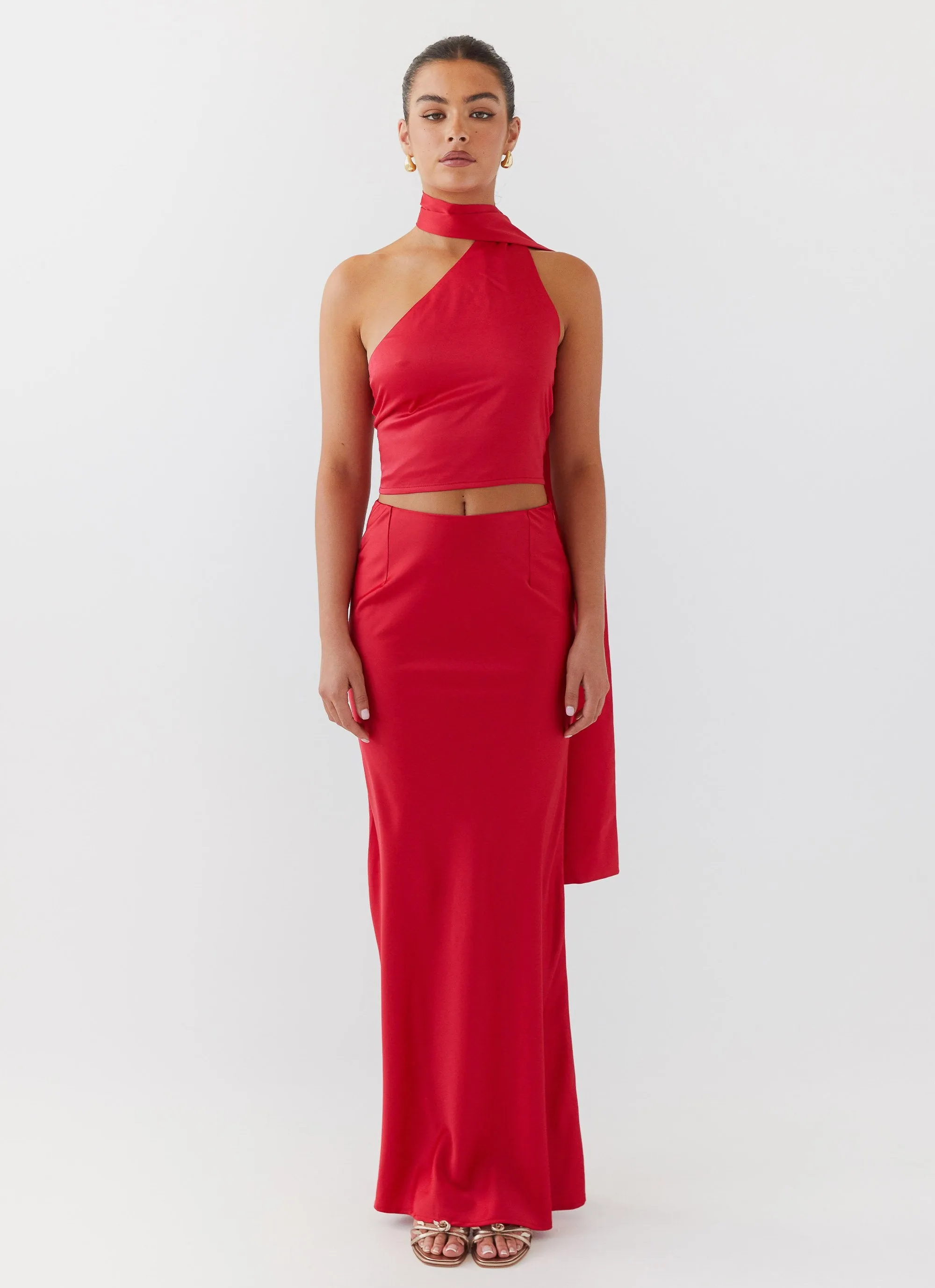 Minimal Design Josefina Satin Maxi Skirt - Rouge Red