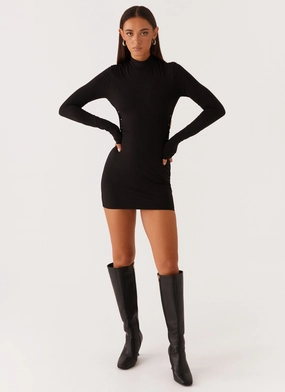 Influencer-Style Relax Cut Raven Long Sleeve Mini Dress - Black