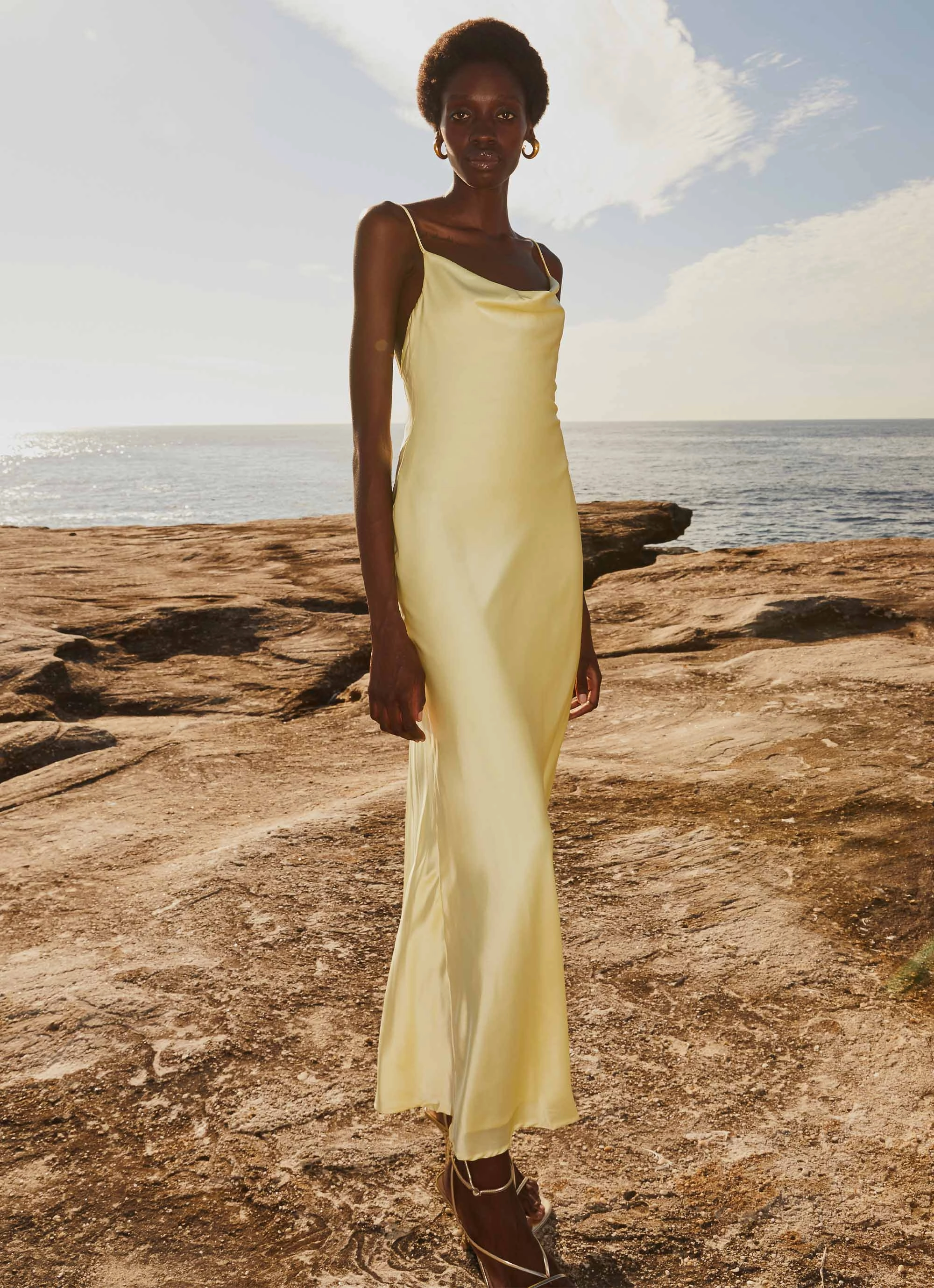 Joanna Satin Maxi Dress - Lemon Comfortable Waistband Feminine Touch