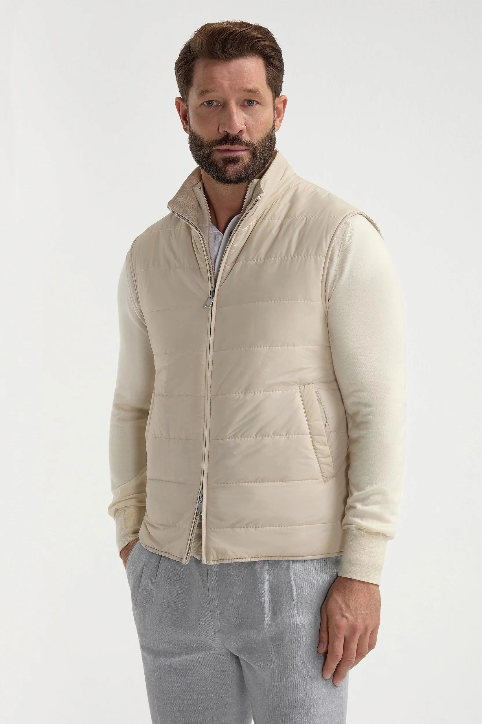 MagneticClosureSystem Sand herringbone reversible vest - Made in Italy