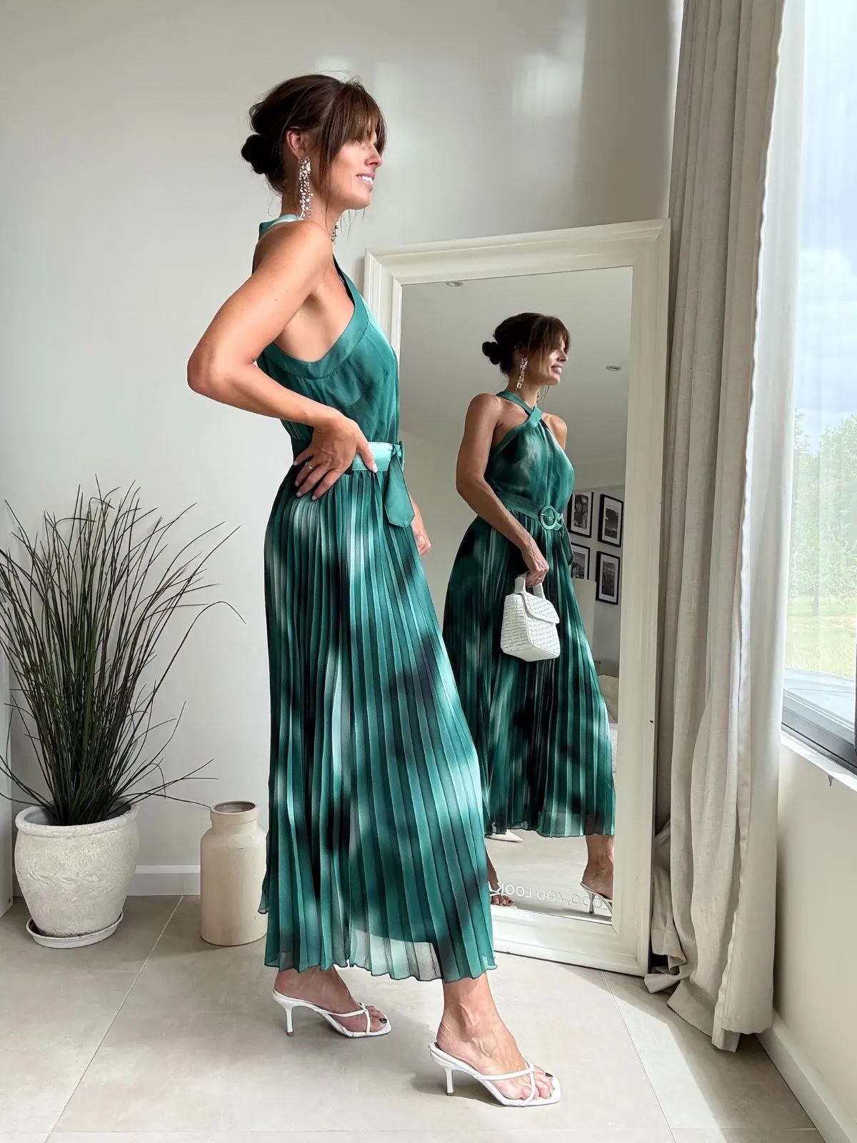 Paige Halter Pleated Belted Dress / Green Print Relaxed Comfort Look Versatile Wearable