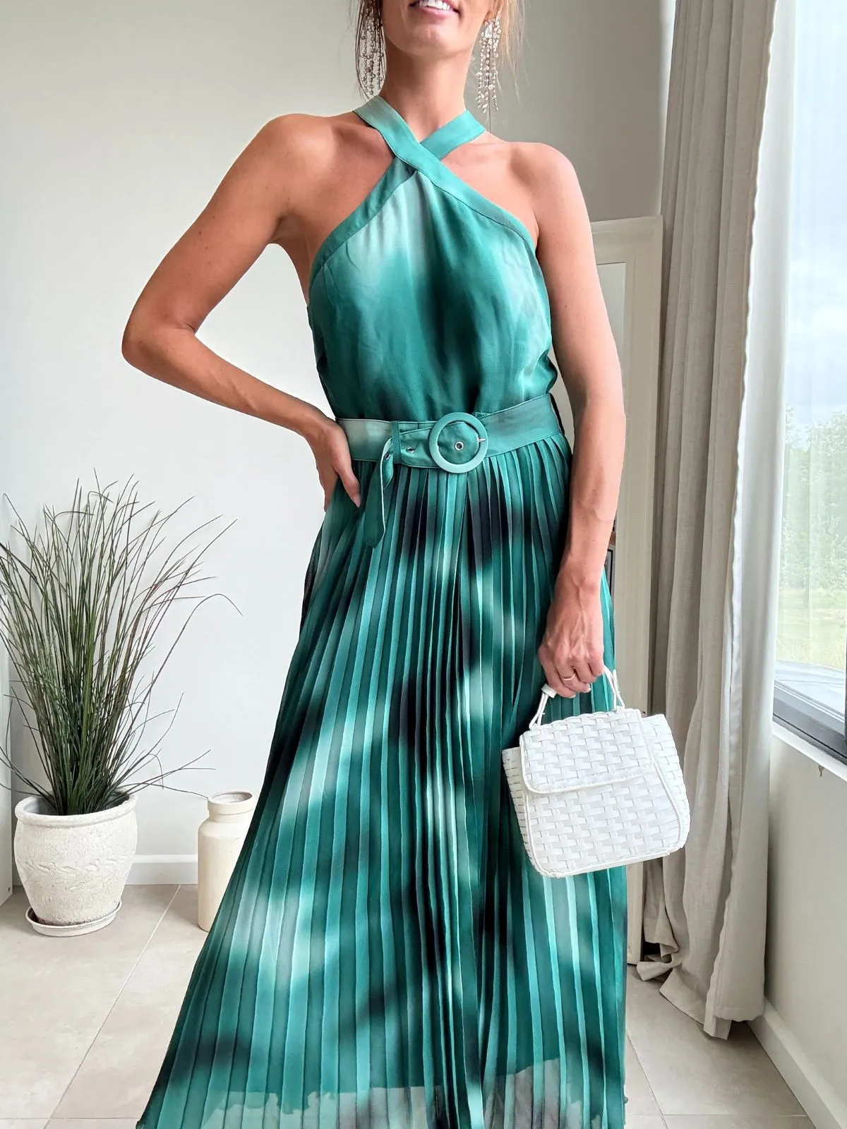 Chic Layers Versatile Style Paige Halter Pleated Belted Dress / Green Print