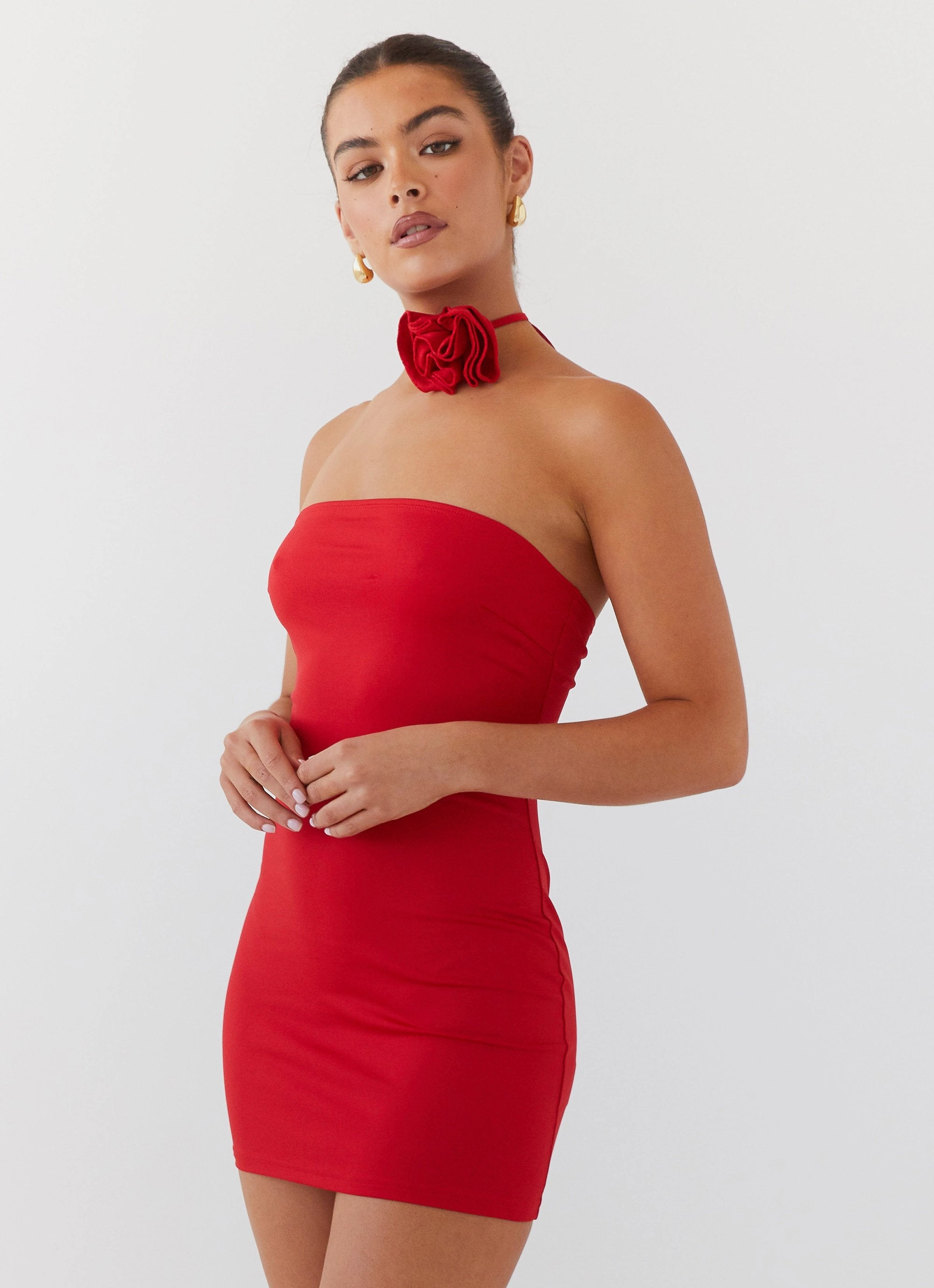 Ruby Glamour Rose Mini Dress - Rouge Red Compact Fit Relaxed-fit