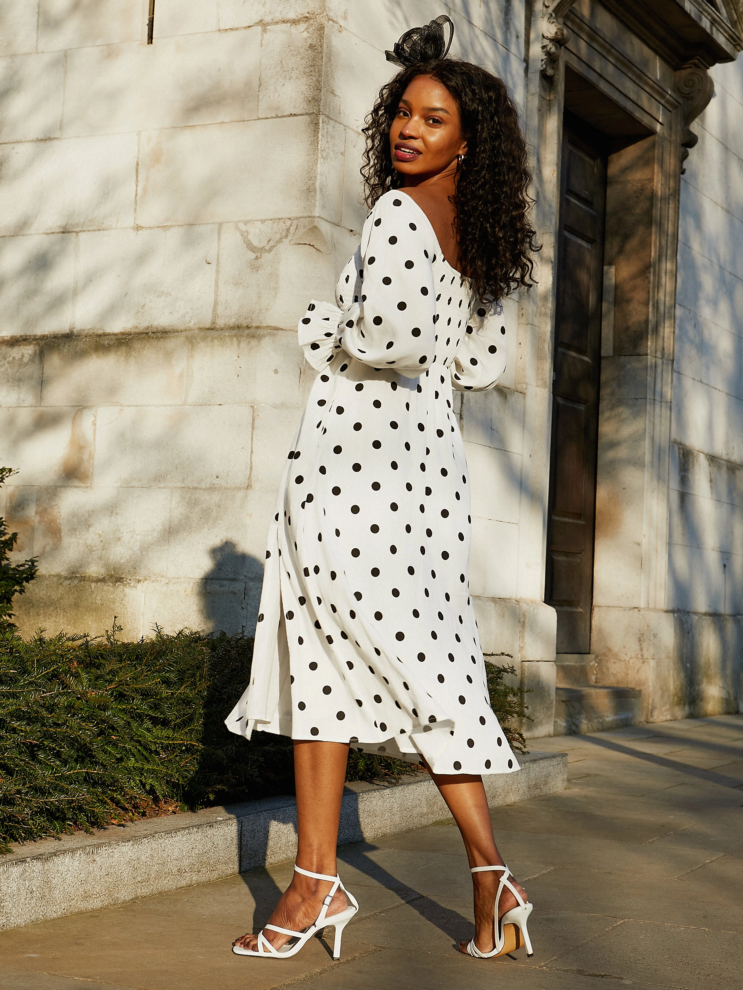 Layerable Piece Chloe Shirred Long Sleeve Midi Dress / Mono Spot