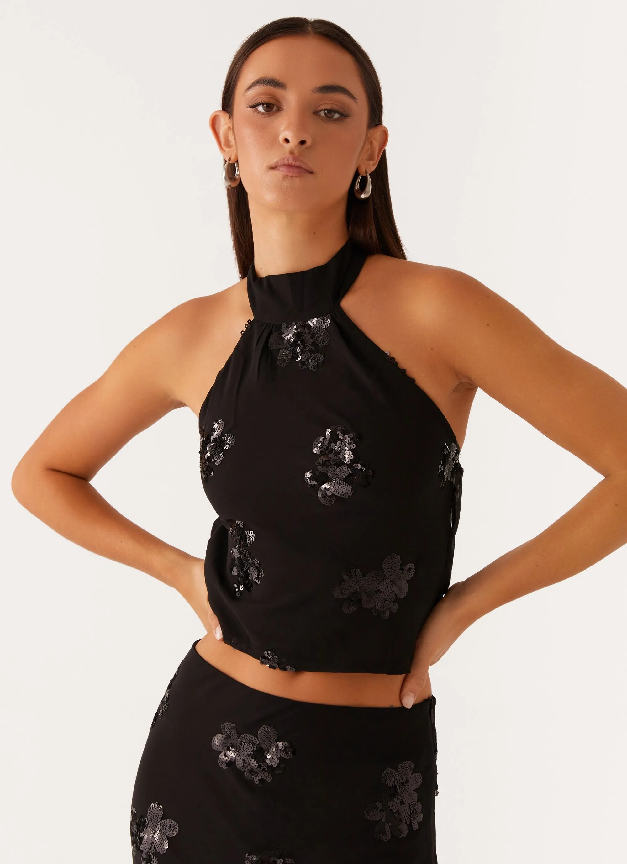 Cillian Sequin Halter Top - Black Ribbed Neckline VentilatedArmholes