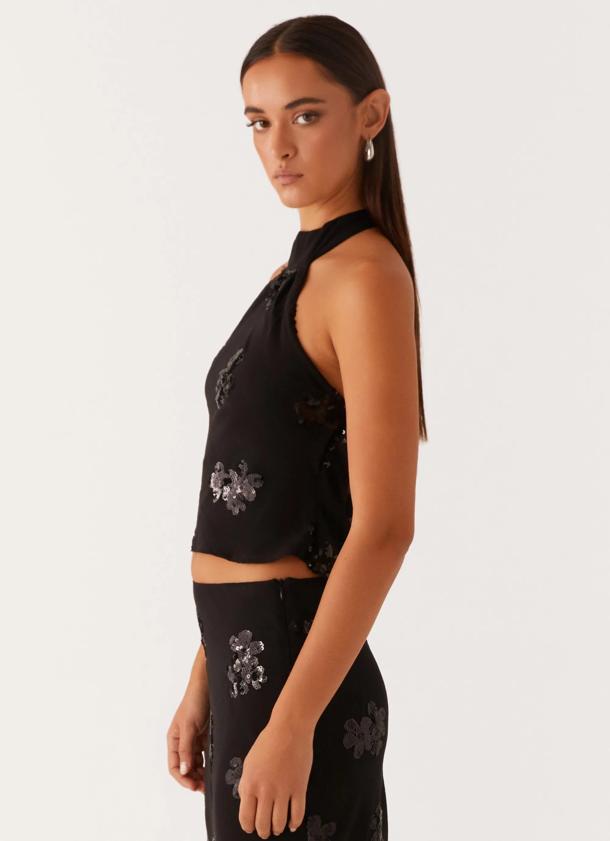 WideNeckline Cillian Sequin Halter Top - Black