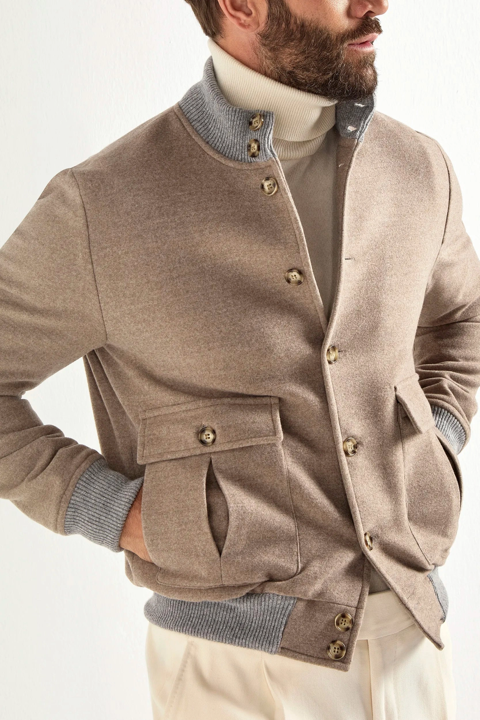 Beige Super 180's wool flannel bomber jacket ?C Made in Italy Many Pockets