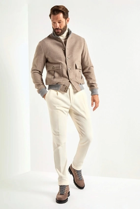 ConvertibleCollar Moisture Wicking Inner Beige Super 180's wool flannel bomber jacket ?C Made in Italy