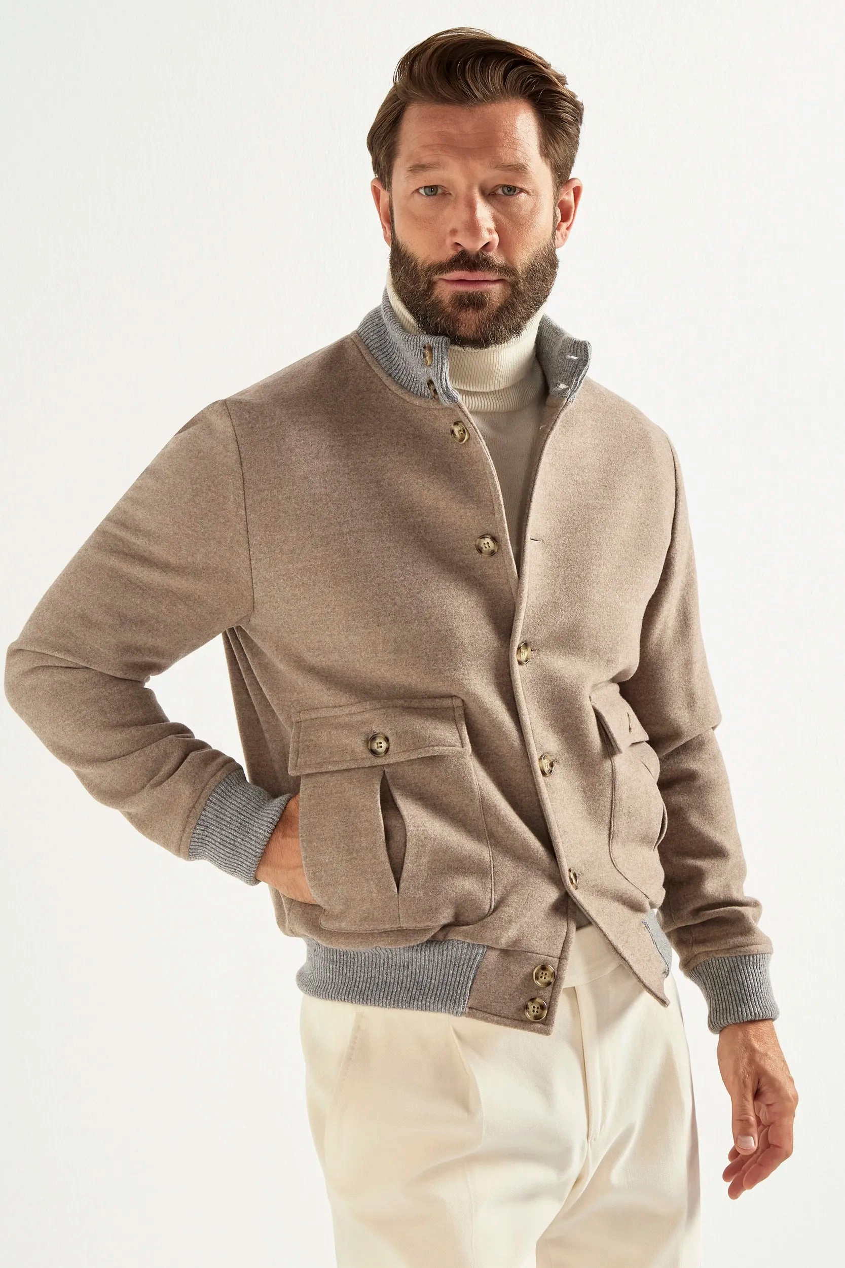 Beige Super 180's wool flannel bomber jacket ?C Made in Italy Touchscreen Compatible Cuffs