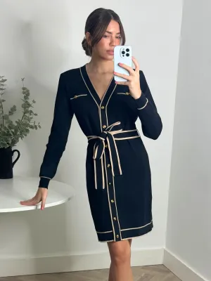 Pocket-Detail Calla Contrast Detail Knit Mini Dress in Black & Nude