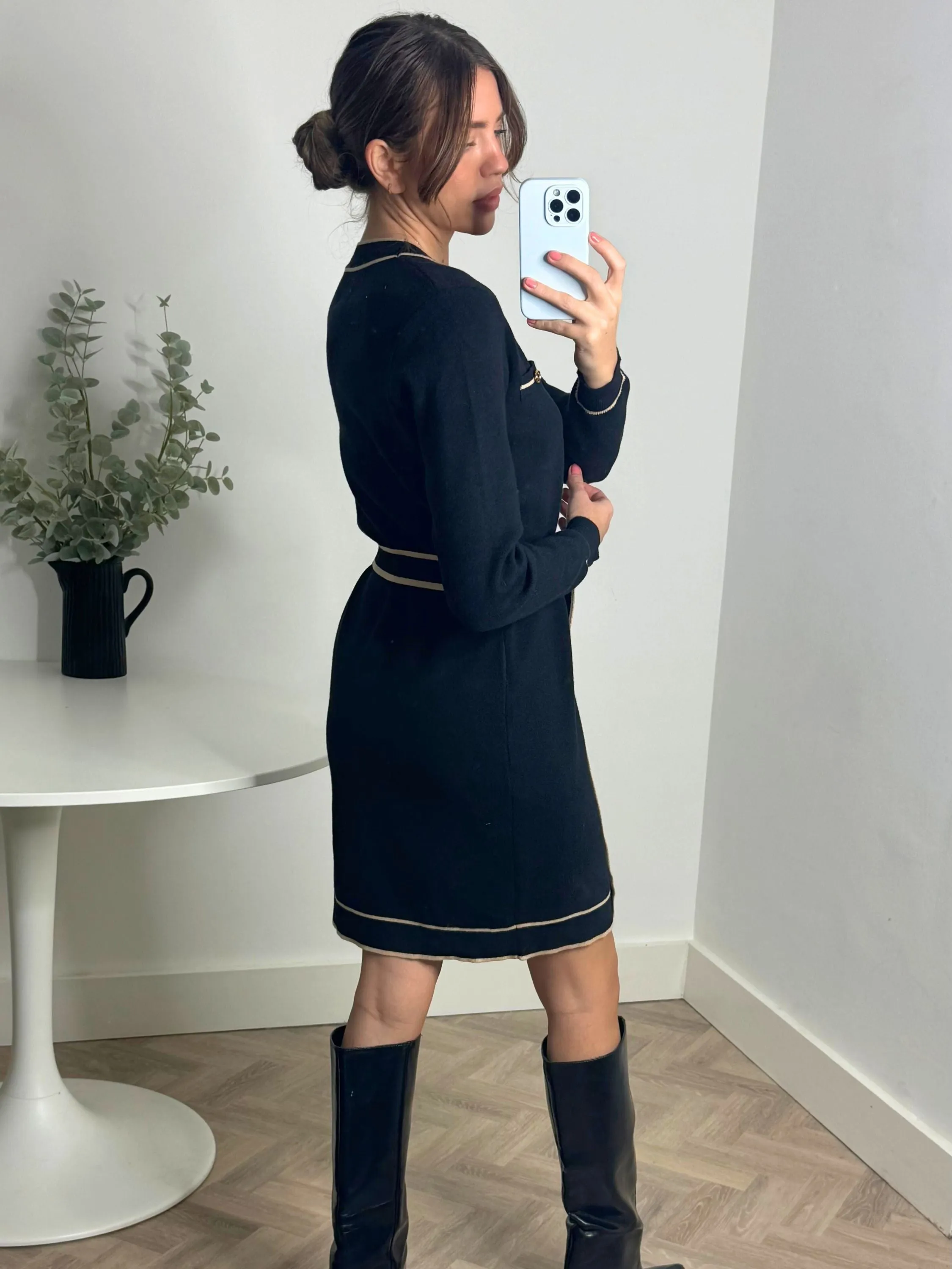 Comfortable and Chic Calla Contrast Detail Knit Mini Dress in Black & Nude