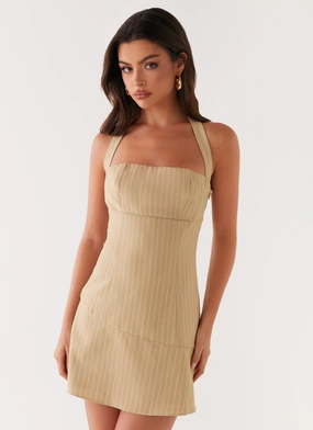 Erica Mini Dress - Beige Stripe Olive Tone
