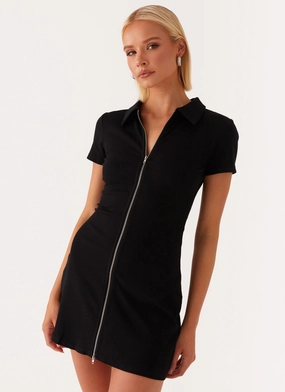 Matter Of Time Zip Front Mini Dress - Black Office Glam Natural Feel