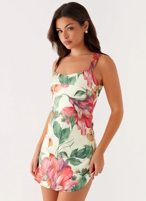 Relaxed and stylish Odette Satin Mini Dress - Yellow Floral