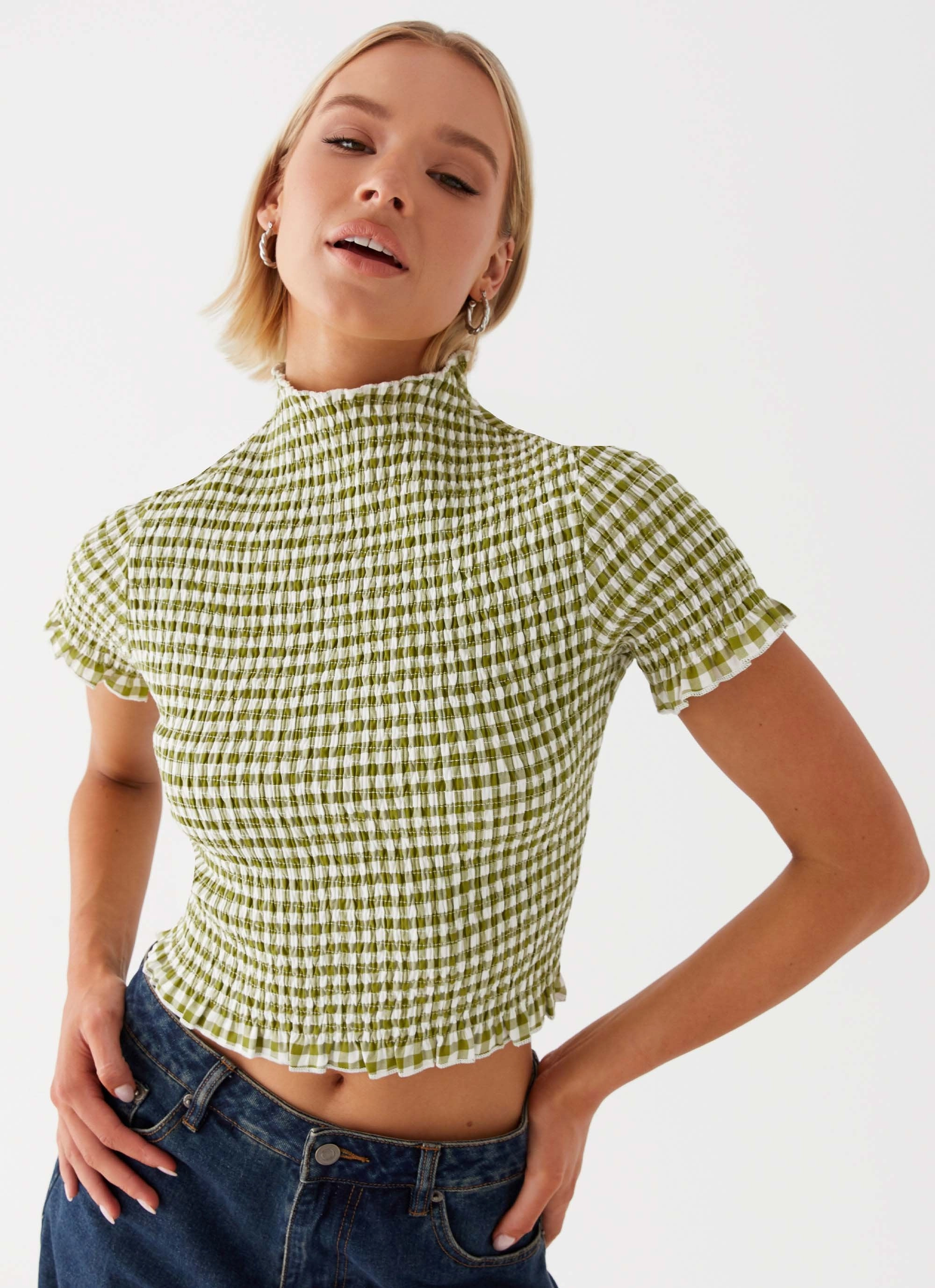 Cleo Tee - Khaki Gingham Non Restrictive Cut