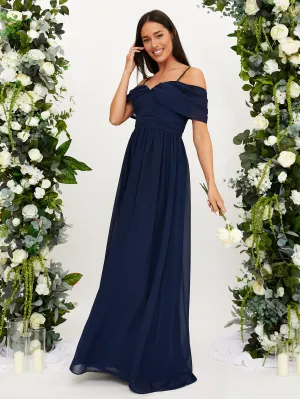 Flowy Cut Relax Motion Cold Shoulder Maxi Chiffon Dress / Navy
