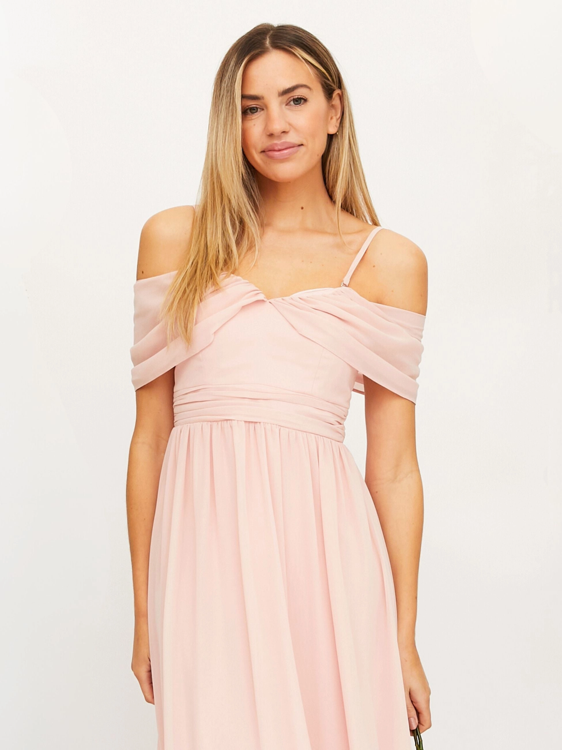Cold Shoulder Maxi Chiffon Dress / Blush Semi Fit Rhinestone-Detail