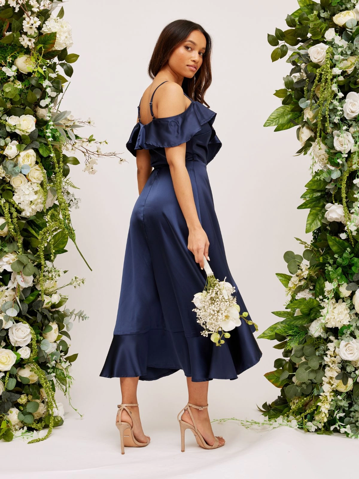 Street Vibe Flexible Comfort Cold Shoulder Midi Wrap Satin Dress / Navy