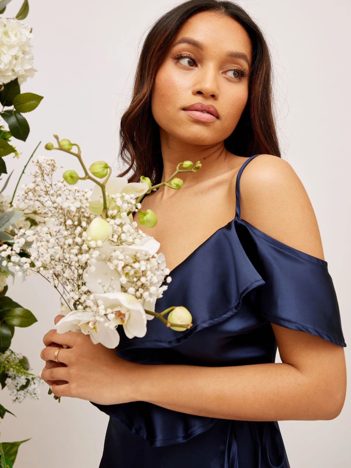 Occasion Wear Wrinkle-Resistant Cold Shoulder Midi Wrap Satin Dress / Navy