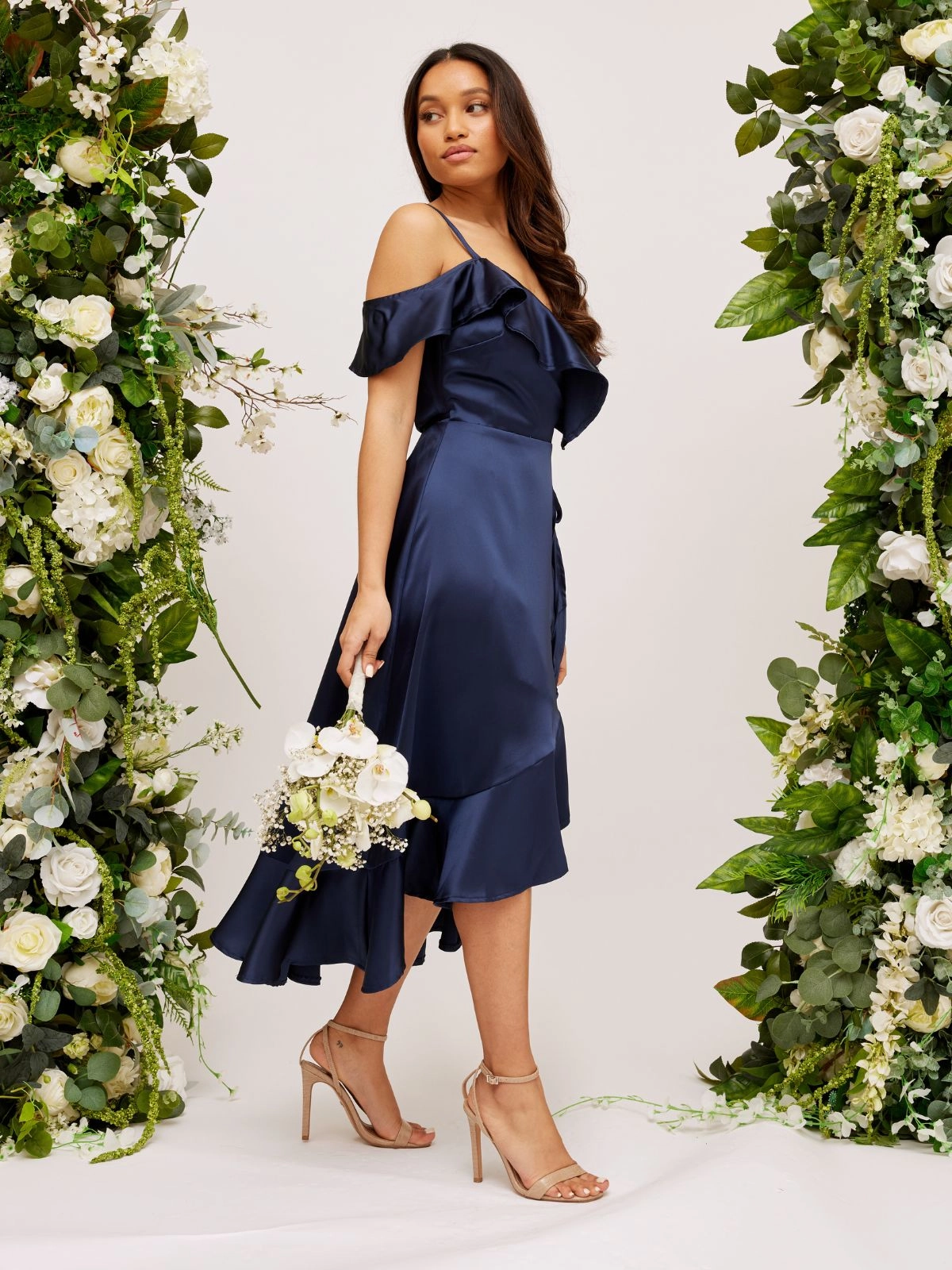 Cold Shoulder Midi Wrap Satin Dress / Navy Bold Touch Smart Vibe