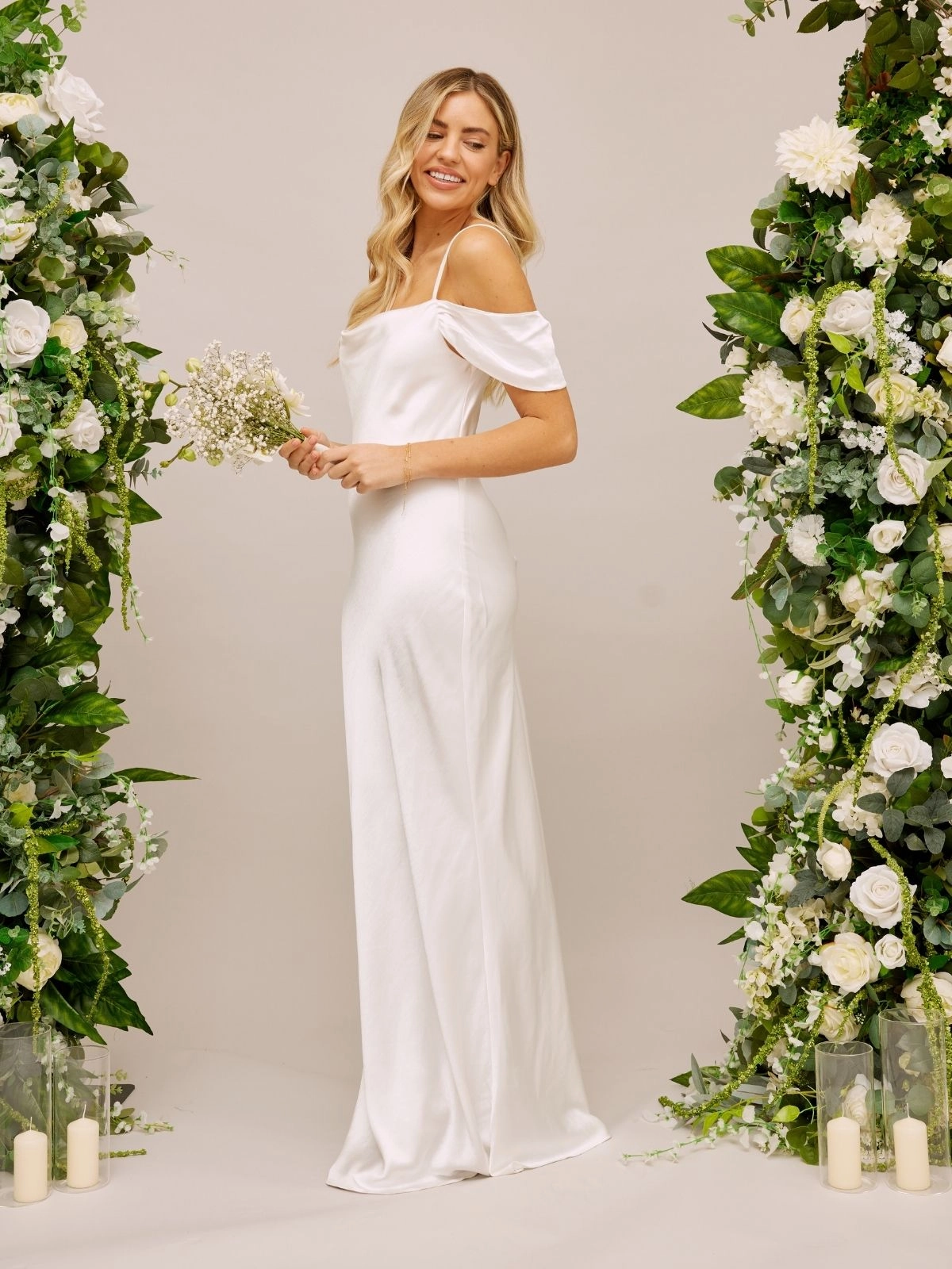 Contemporary Waist Contrasting Detail Cold Shoulder Satin Bridal Maxi Dress / White