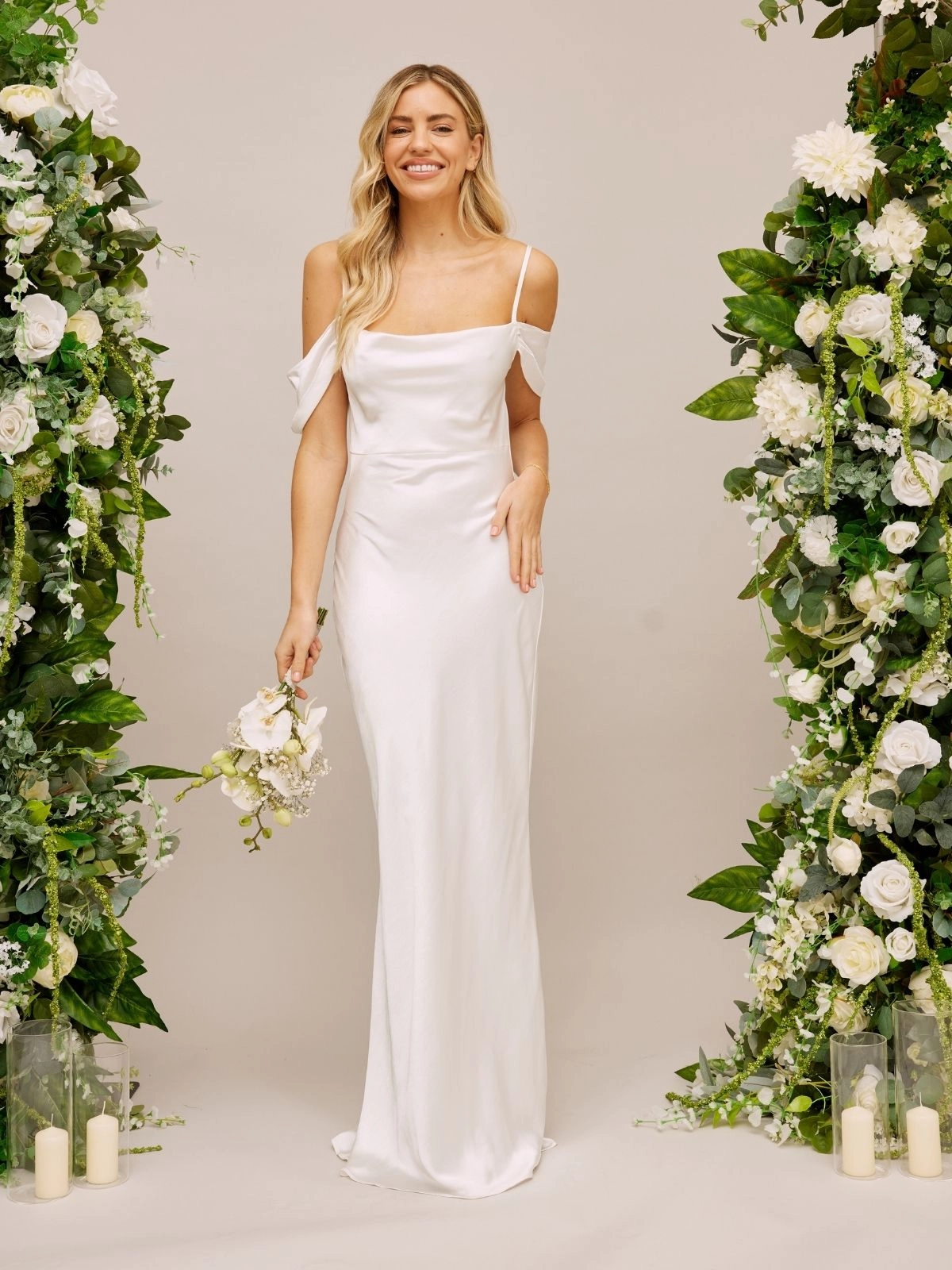 Cold Shoulder Satin Bridal Maxi Dress / White Sleek and Simple