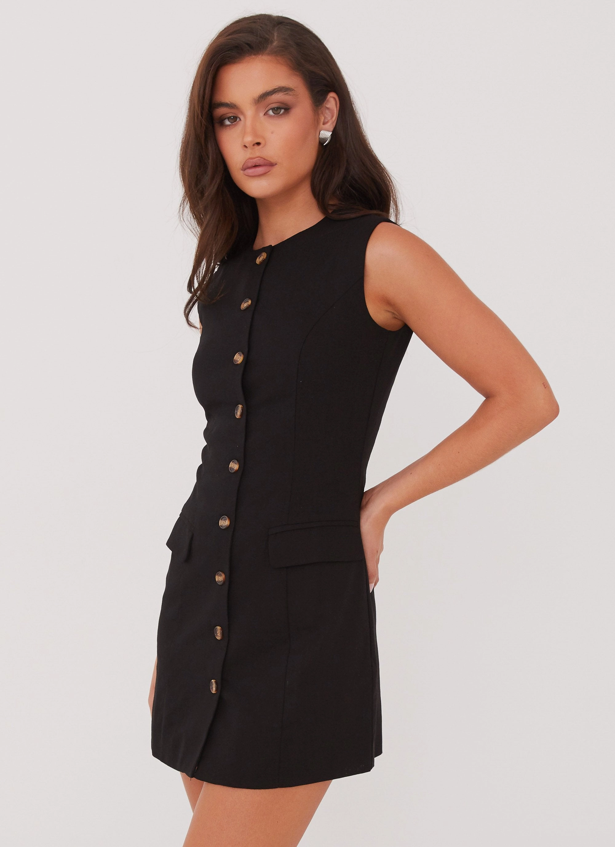 Castello Fiore Linen Mini Dress - Black Ruffle Detail Sharp Look