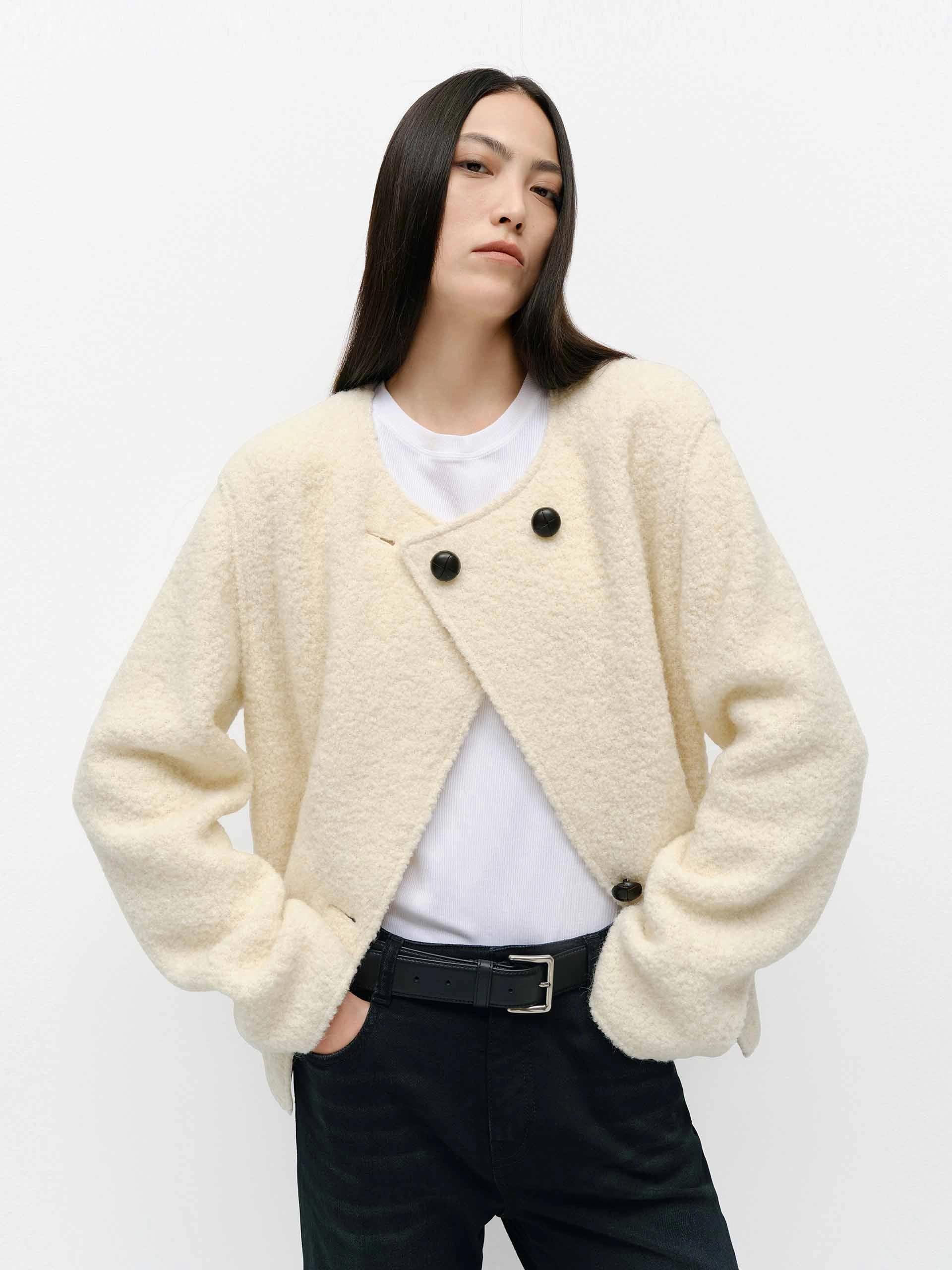 Heat Retention Lining Noise Free Movement Collarless Boucle Knit Coat