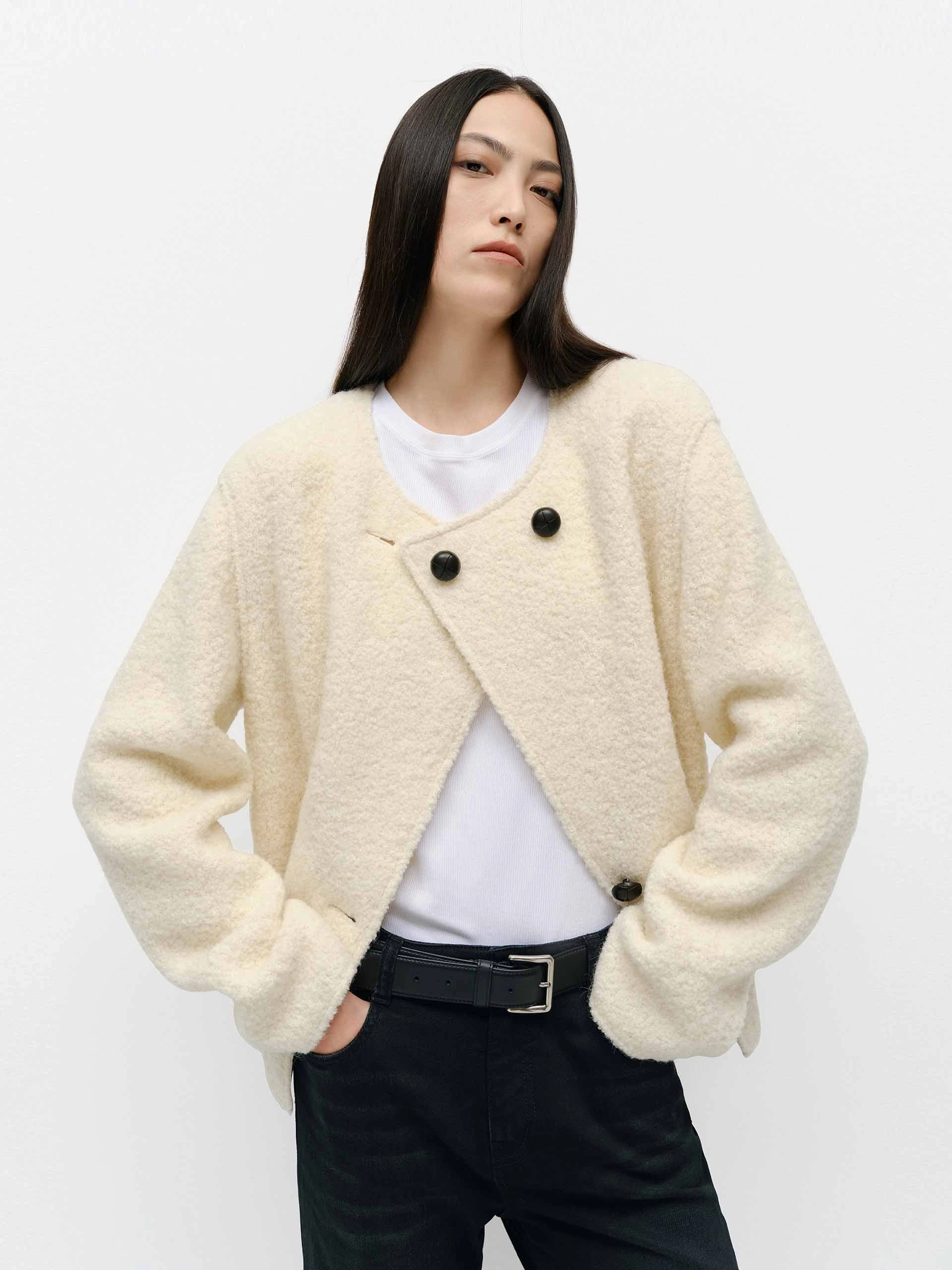 Collarless Boucle Knit Coat Seamless Technology StretchFit Silhouette