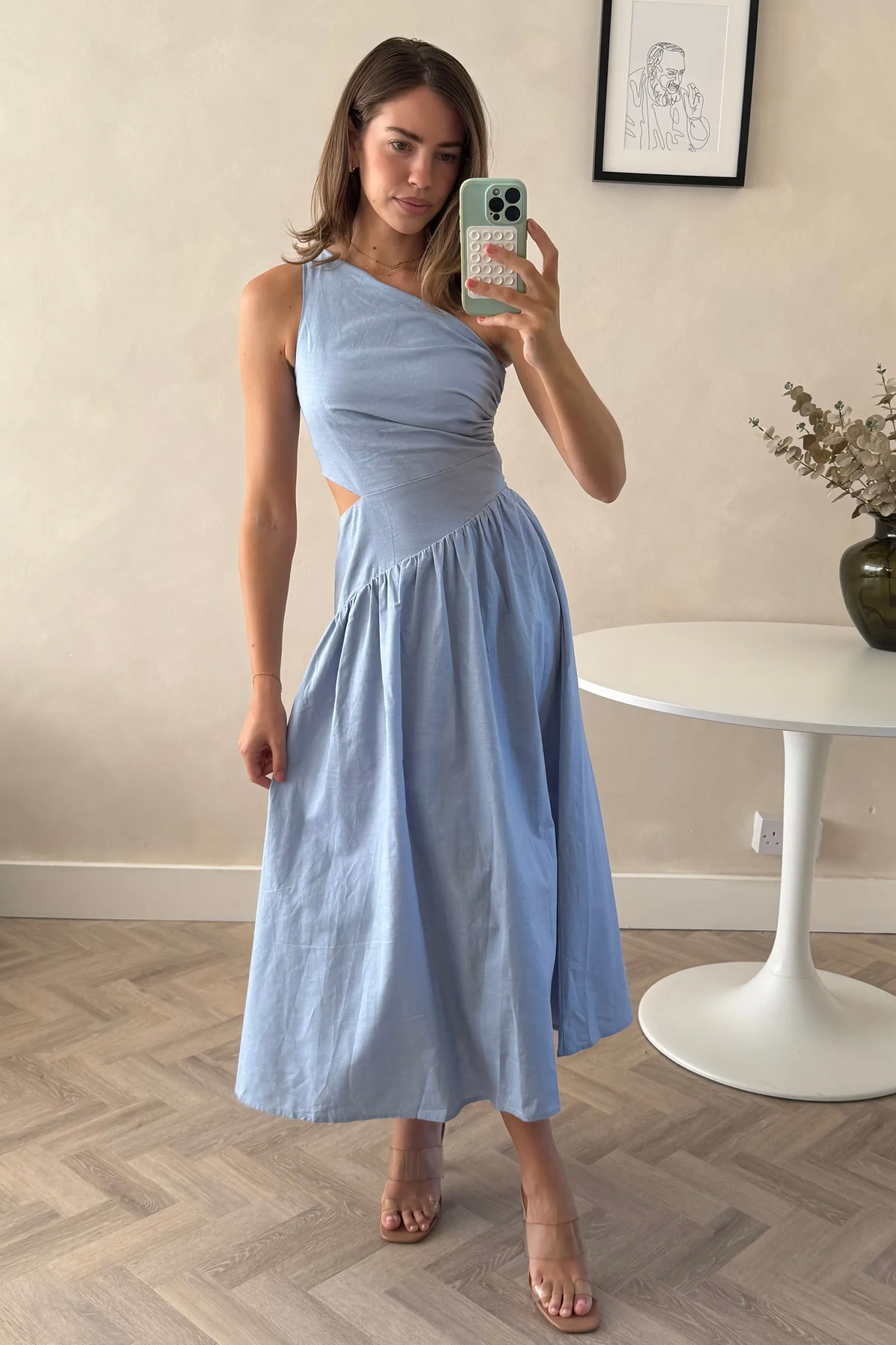 Quick Match Jasmine Cut Out One Shoulder Dress in Baby Blue