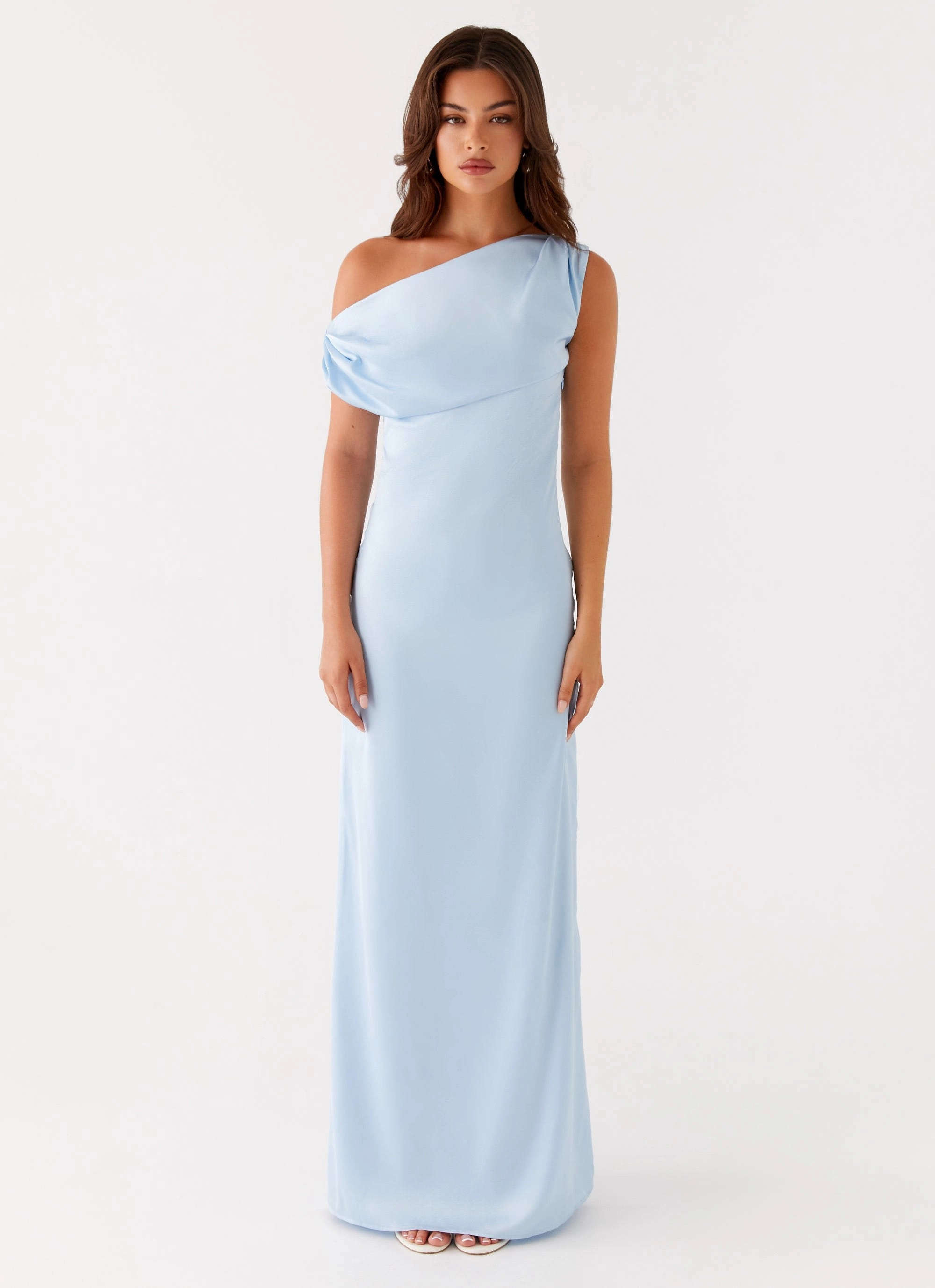 Heart Of Glass Satin Maxi Dress - Blue Flattering Waistband Fit Mini-Length